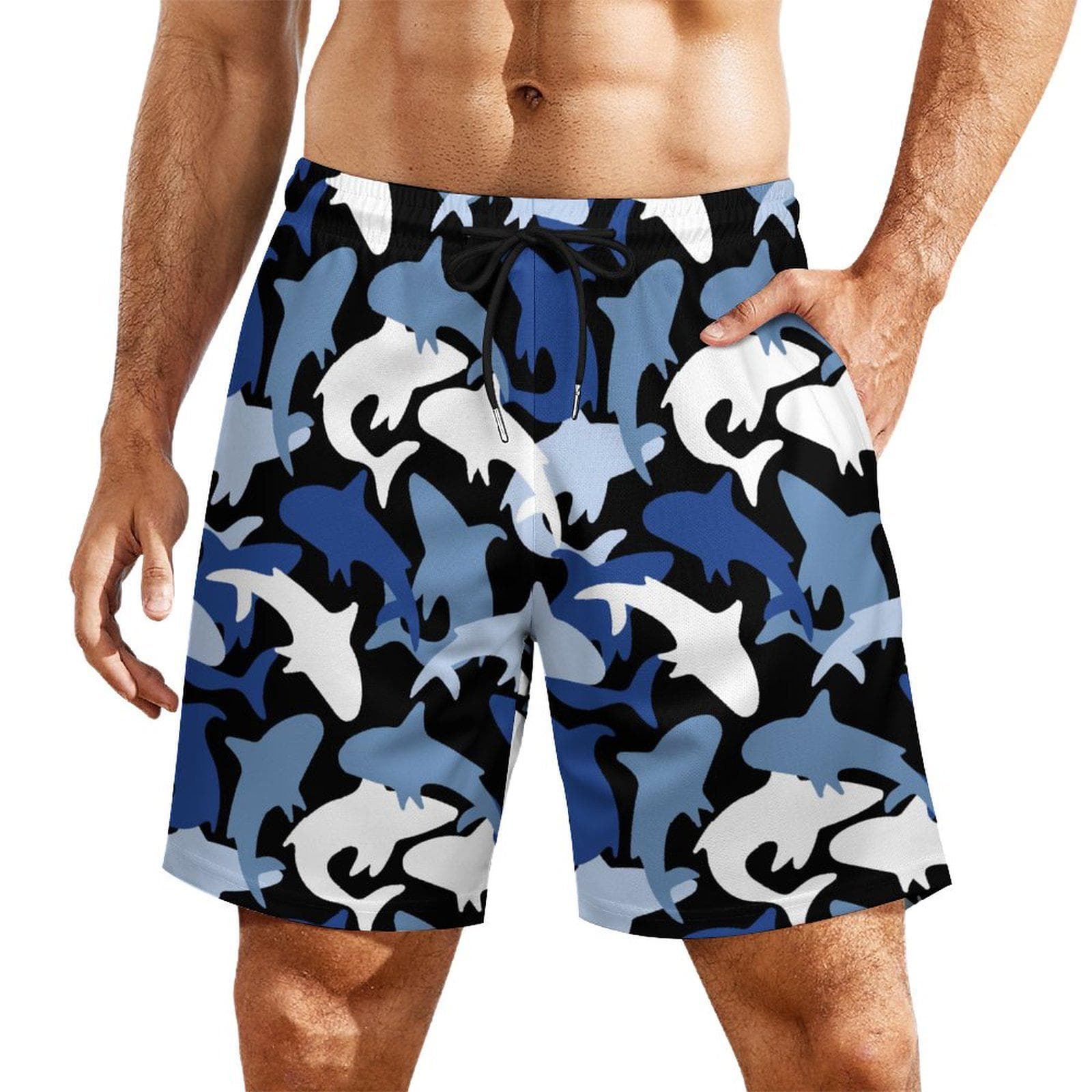 Men's Blue Shark Camouflage Beach Shorts | Quick Dry Swim Trunks with 4 Pockets