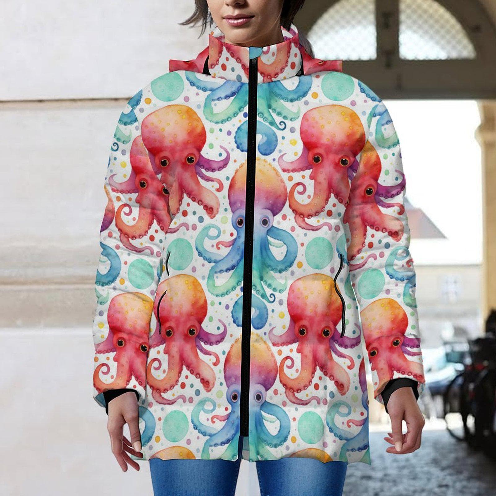 Vibrant Watercolor Octopus Puffer Jacket | Cozy Marine Life Full-Zip Outerwear | Removable Hood