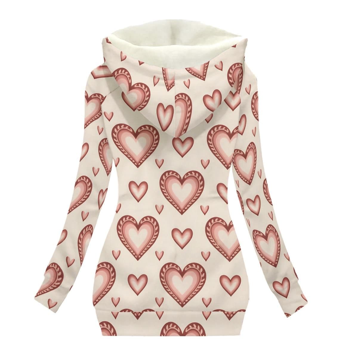 Cozy Heart Print Sherpa Lined Hoodie | Women's Warm Winter Oblique Zip Jacket