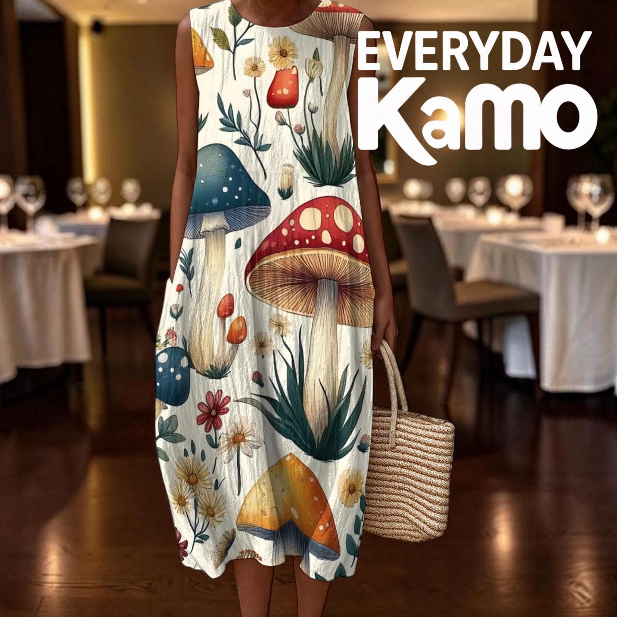 Botanical Mushroom Cotton Slub A-Line Sleeveless Summer Dress