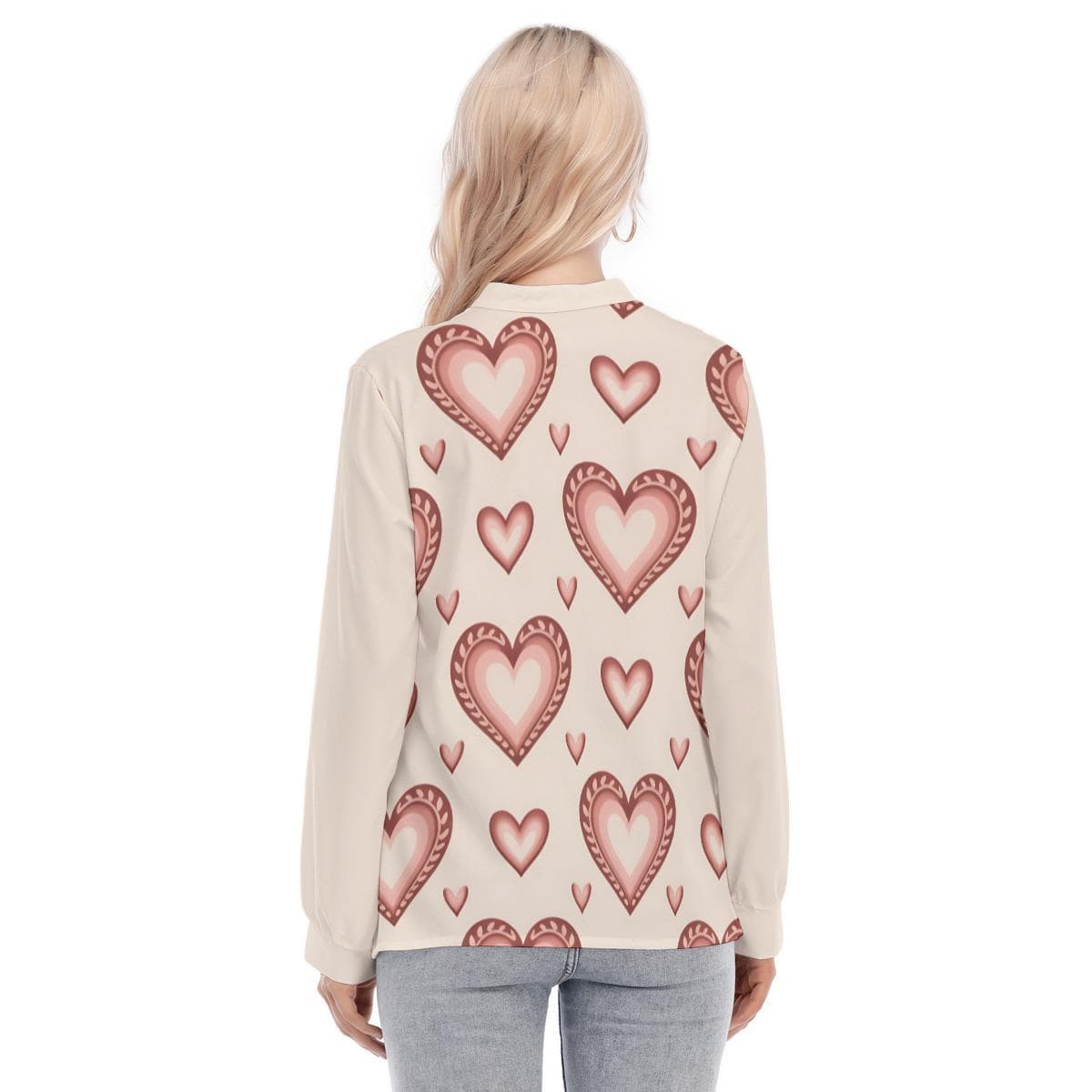 Charming Heart Print Long Sleeve Blouse | Versatile Button-Up Top | Everyday Kamo