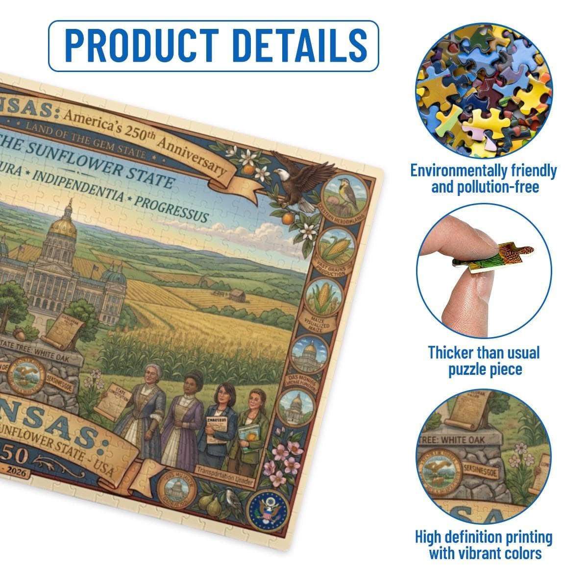Kansas 250th Anniversary Puzzle 1000 Piece | Sunflower State Historical Jigsaw Gift