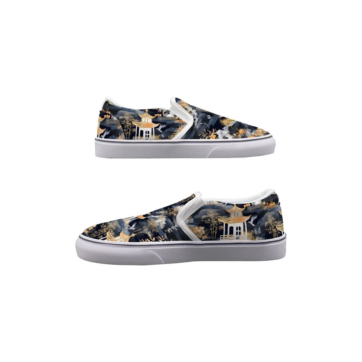 Men's Chinoiserie Pagoda Canvas Slip-On Sneakers | Custom Oriental Art Print Shoes | Comfortable Daily Wear | Unique Designer Gift