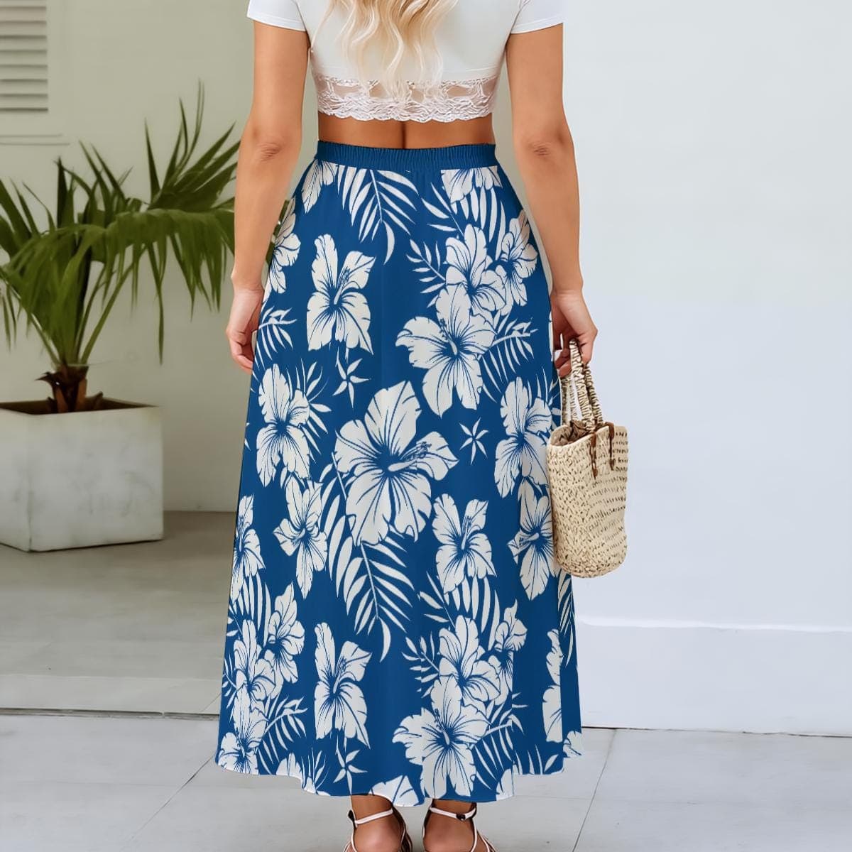 Blue Floral Maxi Skirt | Elastic Waist Lightweight Polyester Beach Boho