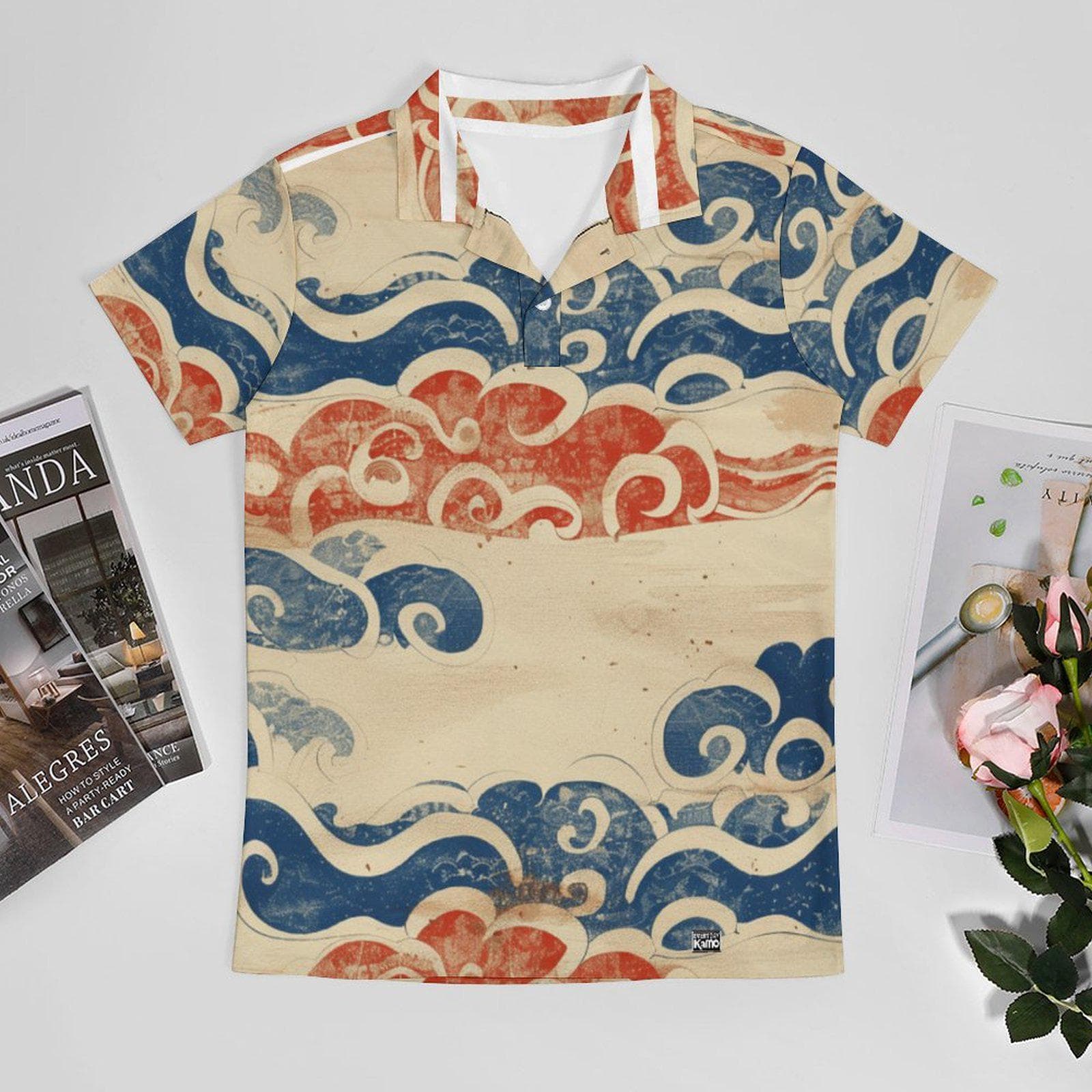 Everyday Kamo Men's Japanese Wave Cotton Polo Shirt - Stylish Distressed Ocean Print Short Sleeve Top