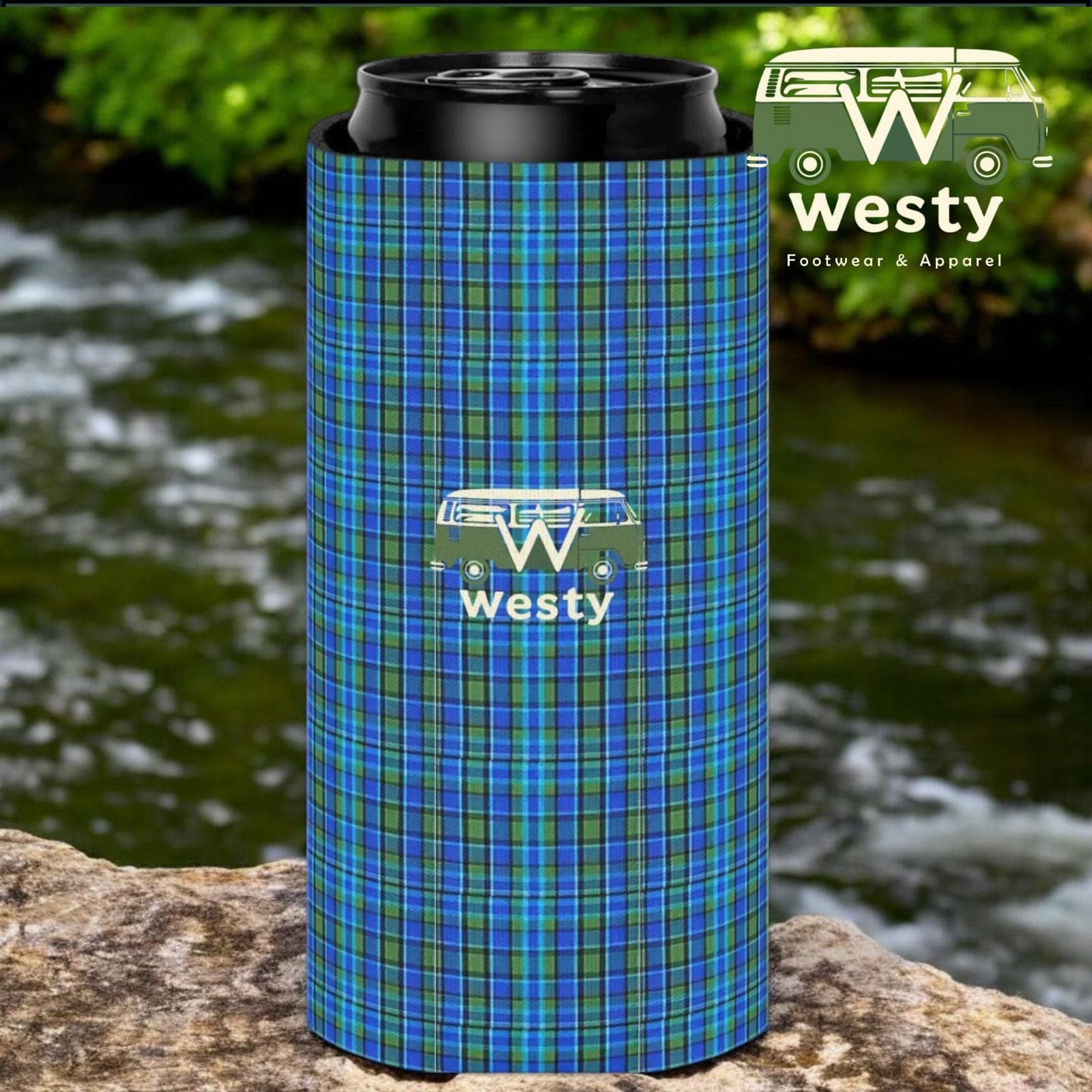 Westy Blue Plaid Can Cooler - Retro Westfalia Camper Bus Design