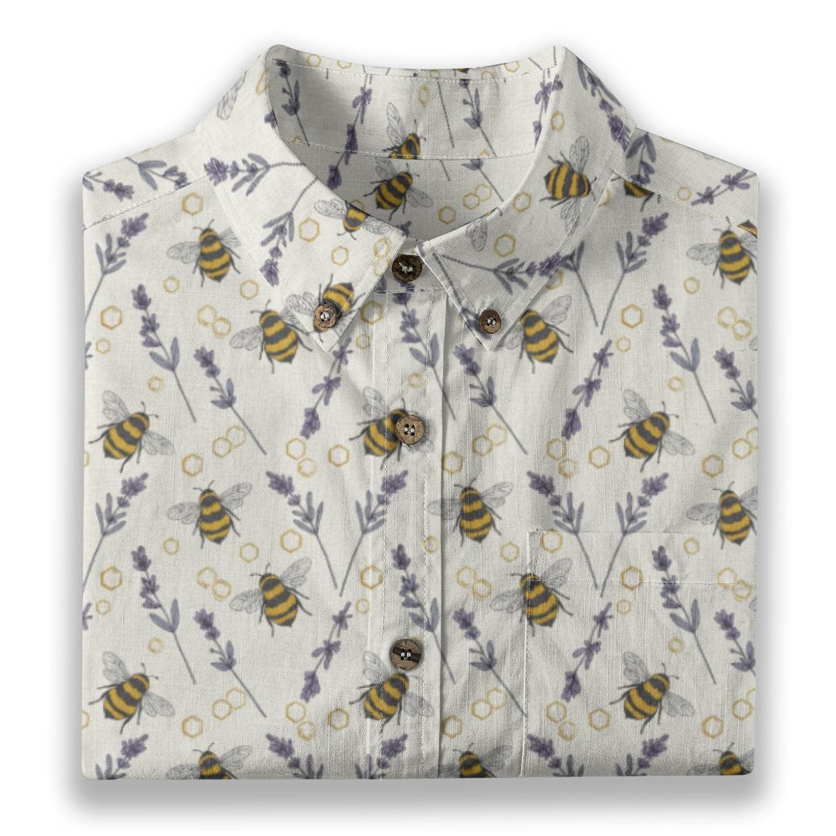 Whimsical Bee & Lavender Slub Cotton Shirt | Nature Print Button-Up | Breathable Summer Top