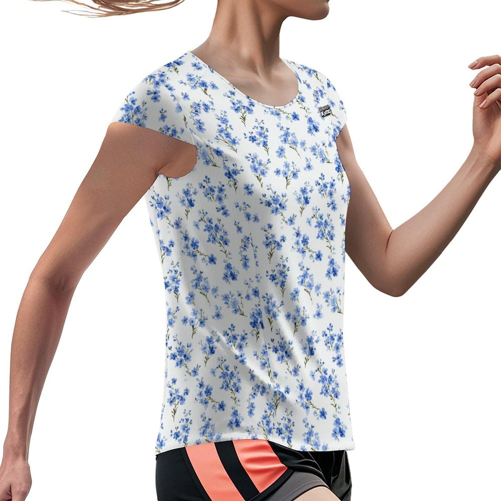 Blue Floral Ice Silk T-Shirt | Women's UPF 50+ Sun Protection Tee | Breathable Summer Blossom Top