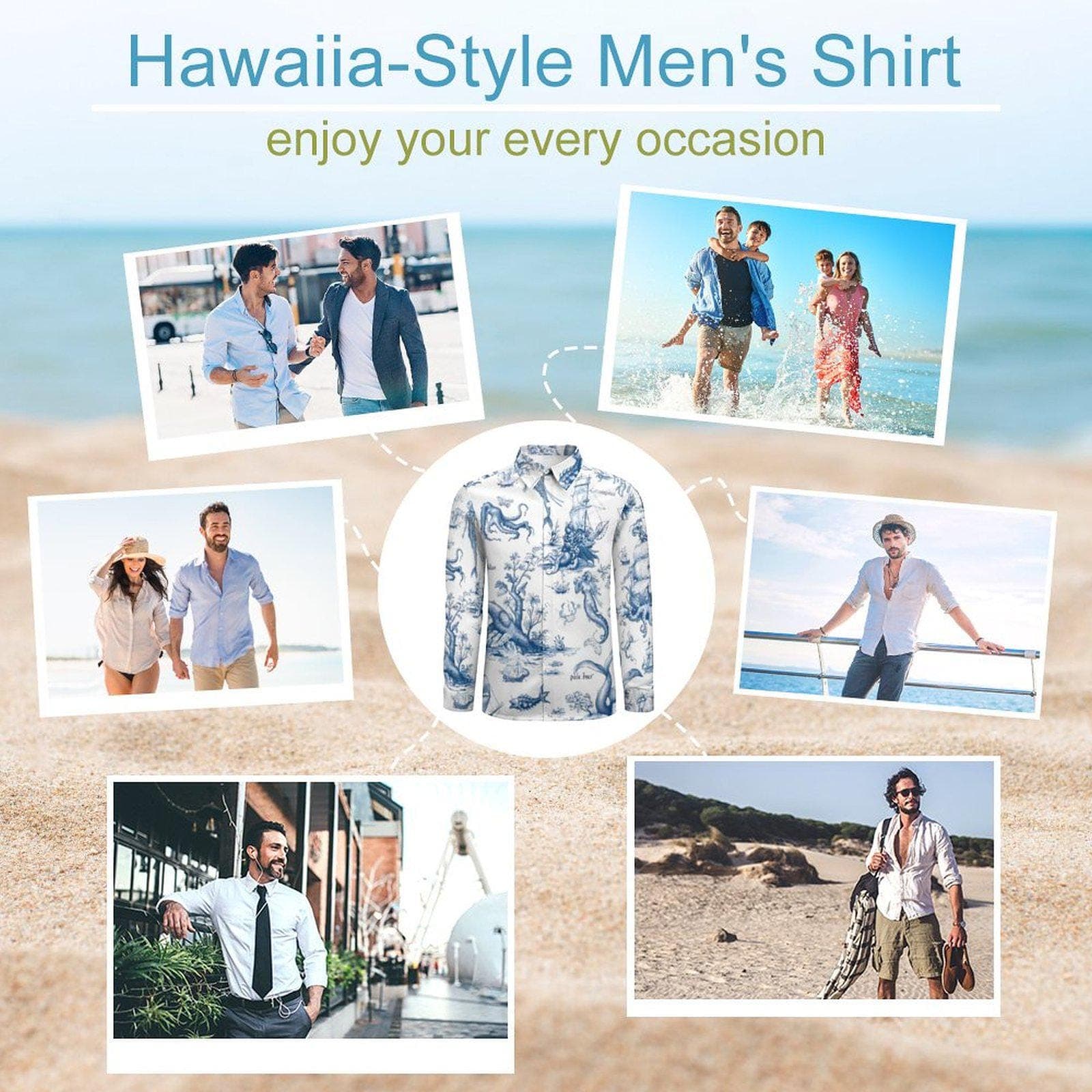 Men's Vintage Ocean Toile Long-Sleeve Shirt | Nautical Mythology Print V-Neck Button Up | Mermaids & Octopus Casual Top