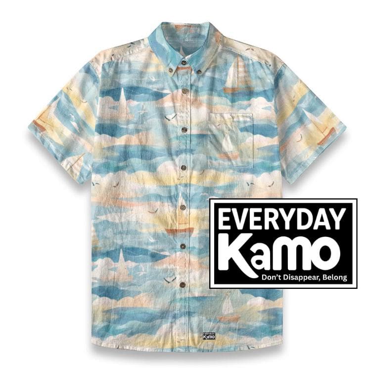 Nautical Sailboat Print Slub Cotton Shirt - Men's Short Sleeve Button Down Beach Top