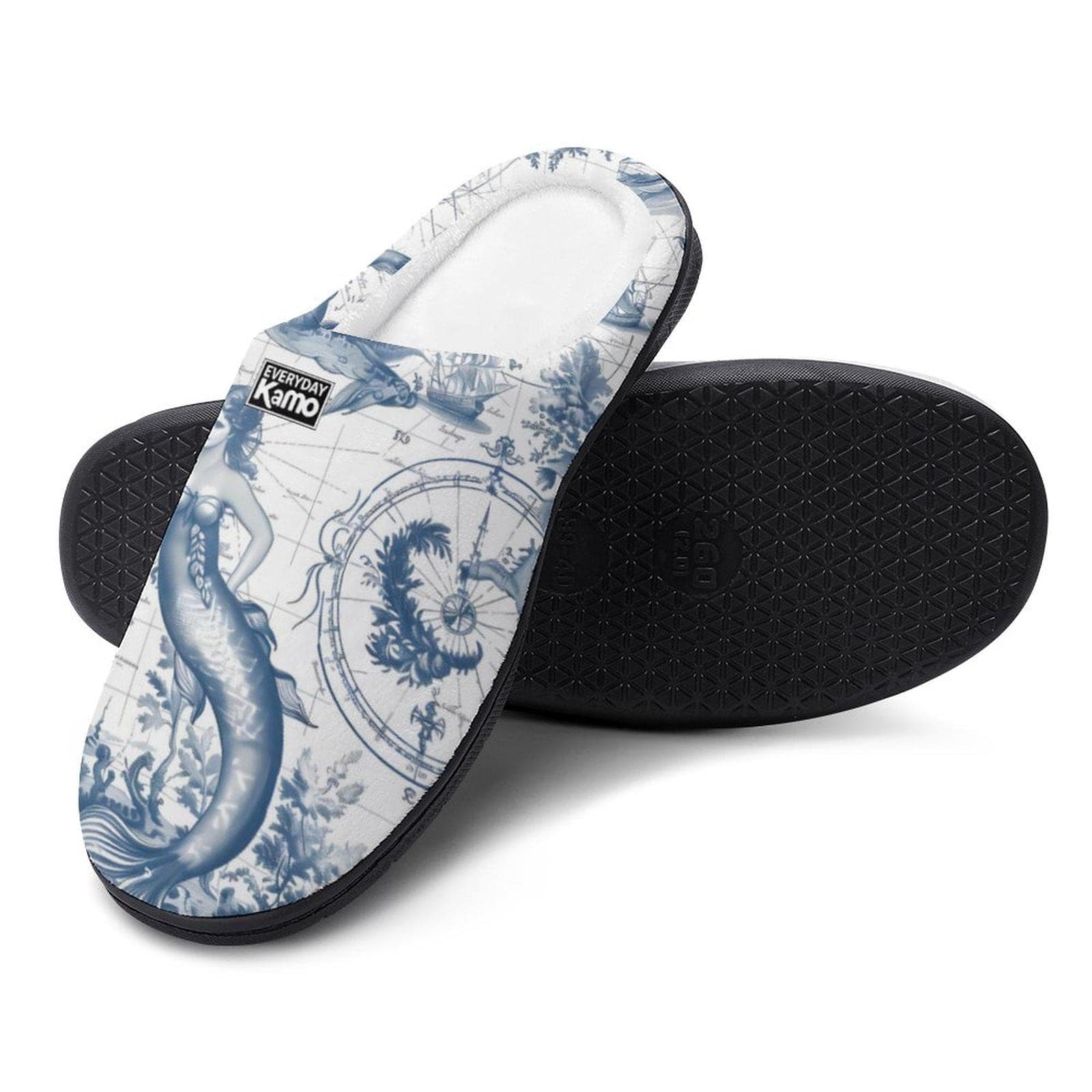 Enchanting Mermaid Toile Cotton Slippers for Women - Cozy Nautical House Shoes with Anti-Skid Sole