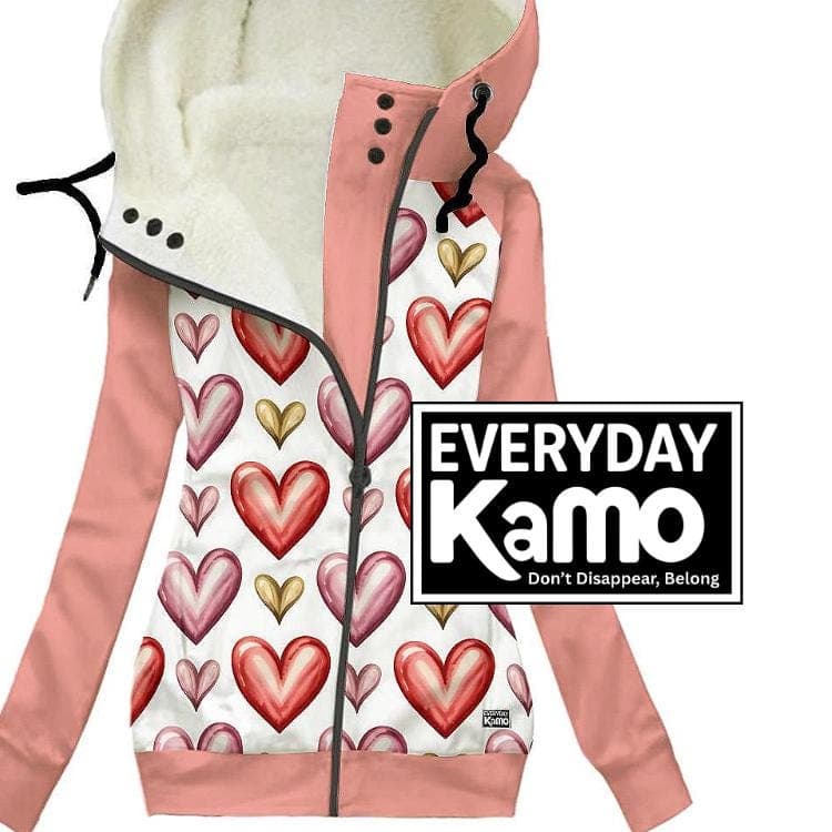 Charming Heart Print Plush Lined Hoodie - Oblique Zipper Warm Winter Jacket