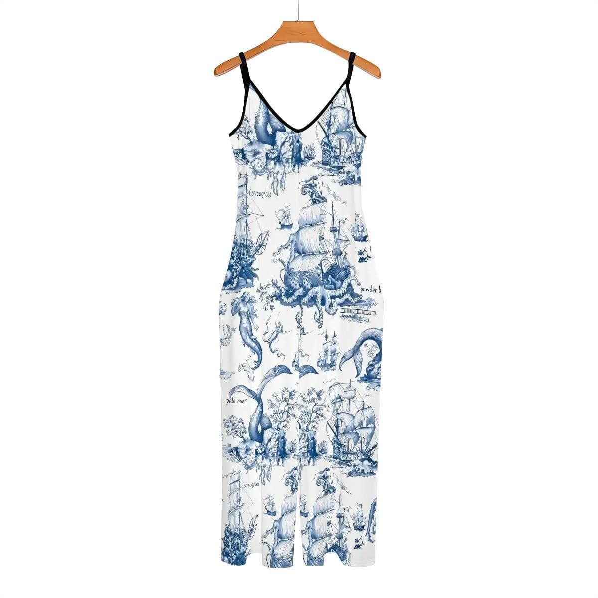 Nautical Toile Jumpsuit | Blue White Mermaid Ship Print Wide Leg Suspender Romper