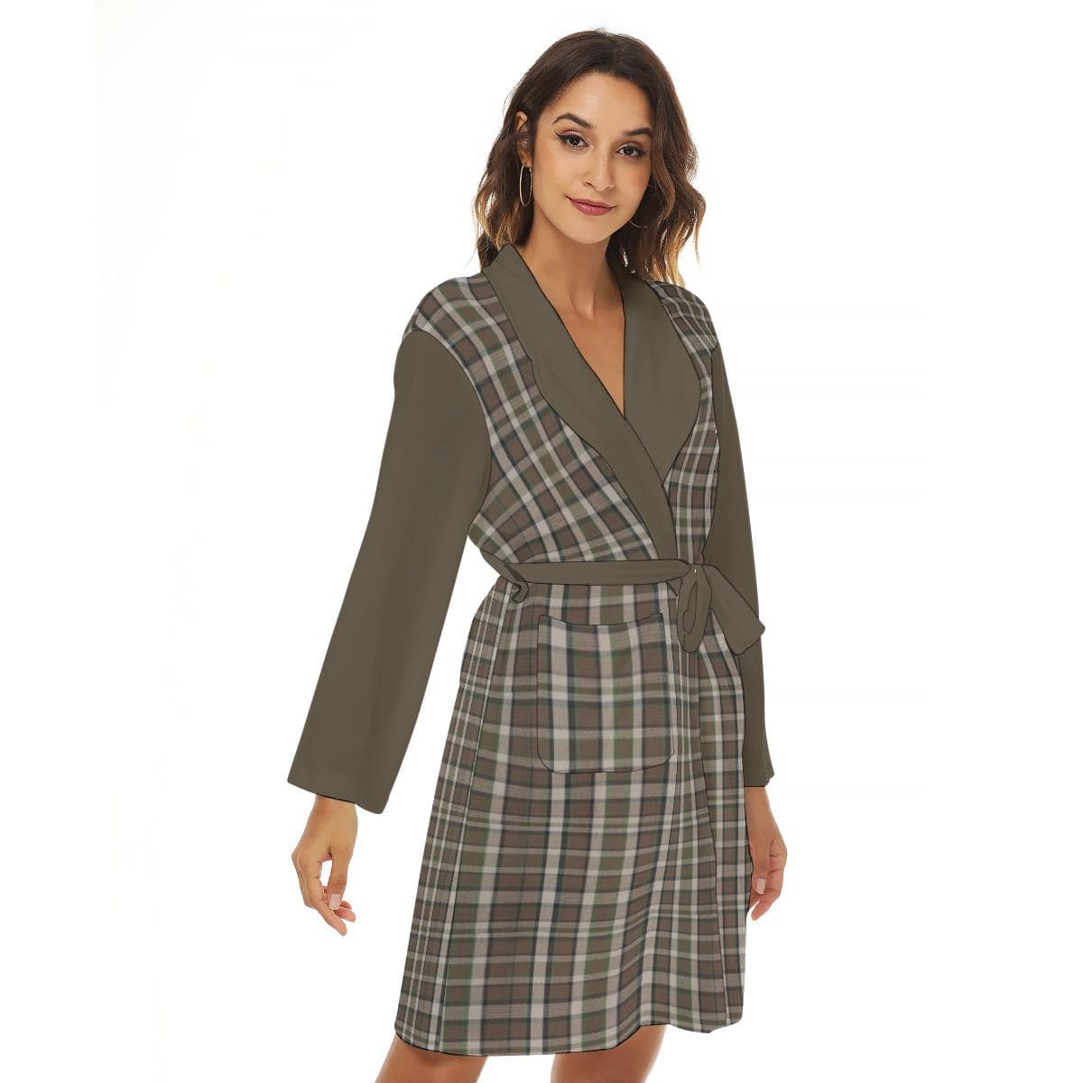 Brown Plaid Jersey Robe | Cozy Loungewear Kimono with Pockets