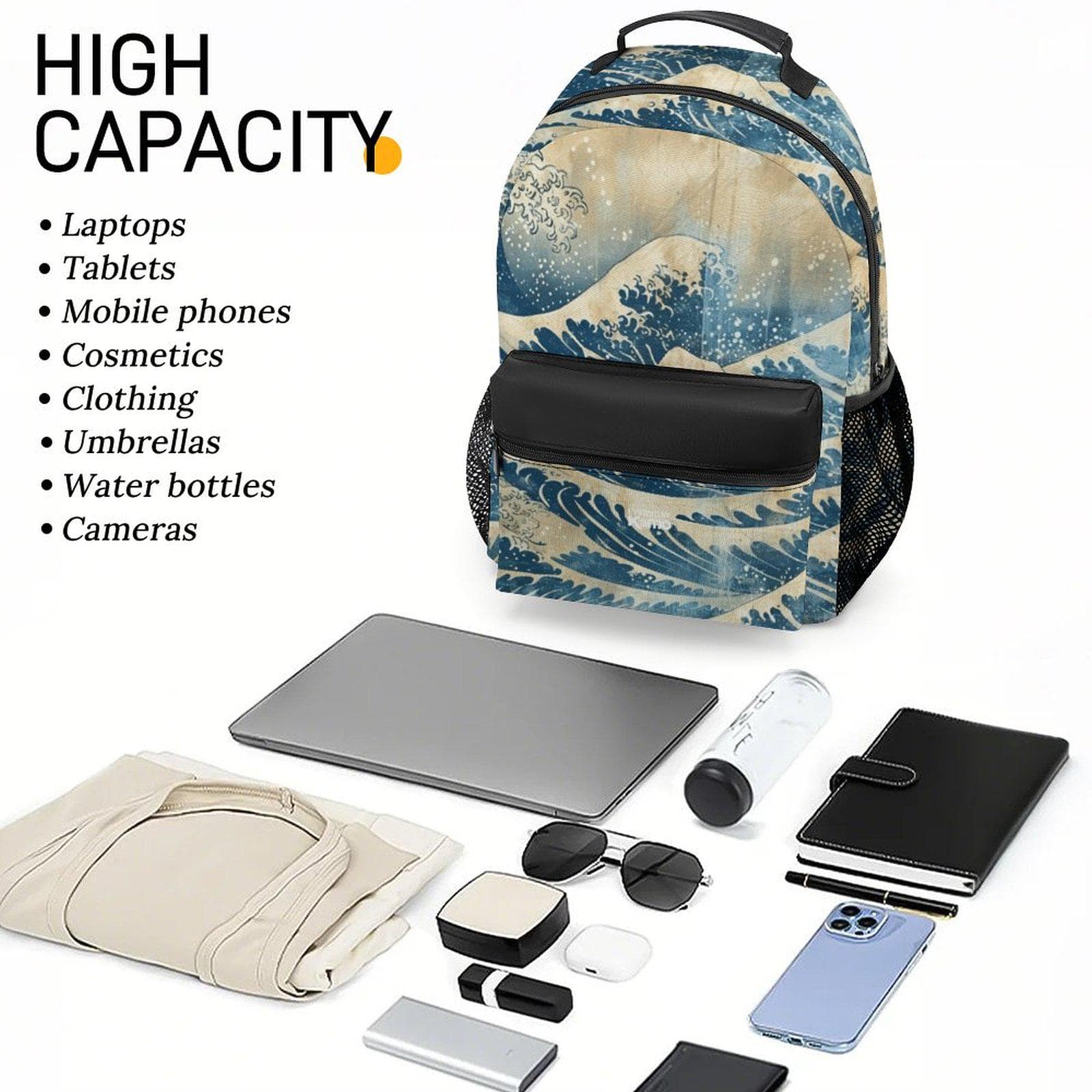 The Great Wave Adventure Backpack | Everyday Kamo Japanese Art Travel Bag | Durable Polyester & Leather