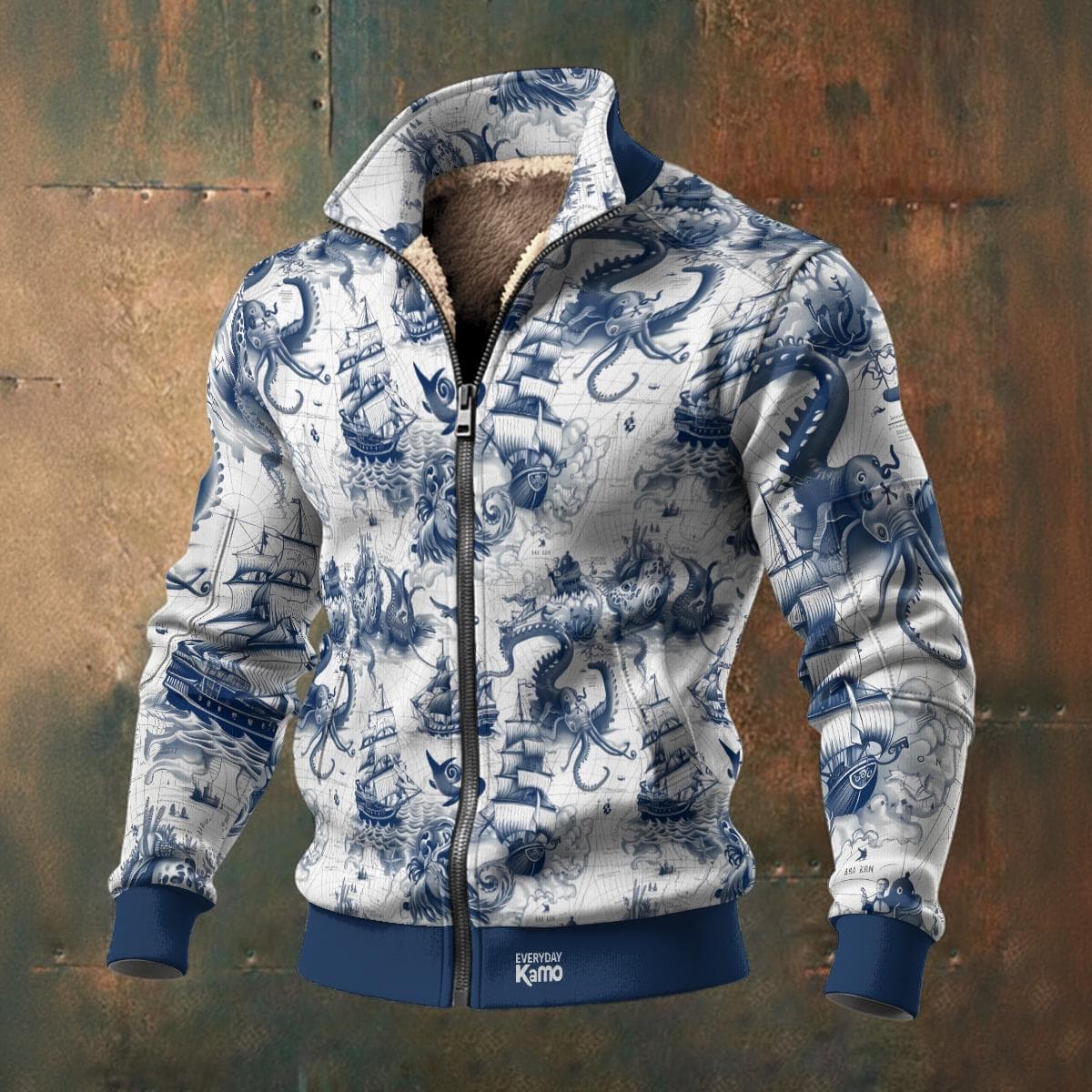 Nautical Kraken Sea Monster Fleece Zip-Up Jacket | Stand Collar Warm Sweatshirt