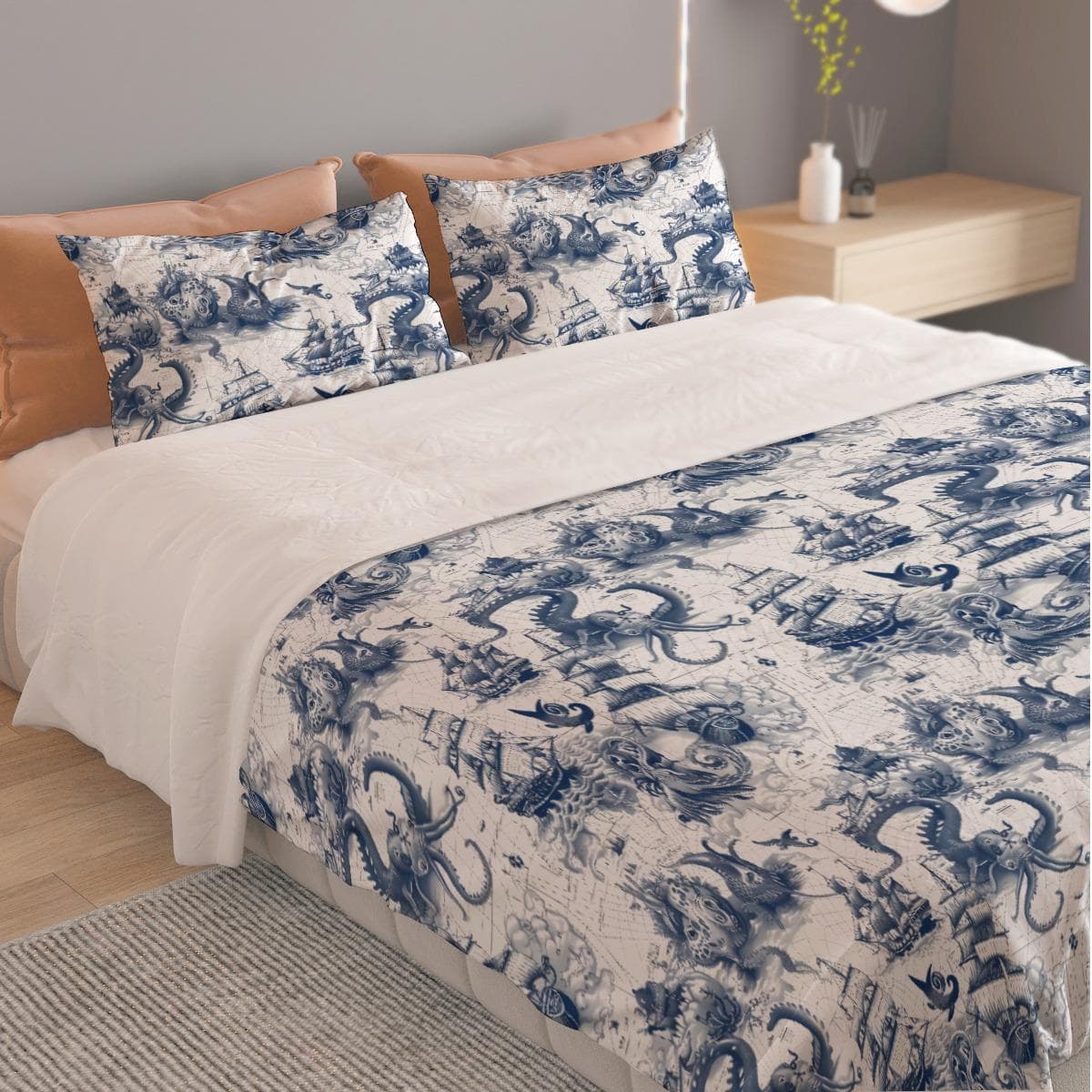 Nautical Sea Monster Duvet Cover Set - Vintage Pirate Ship & Kraken Bedding