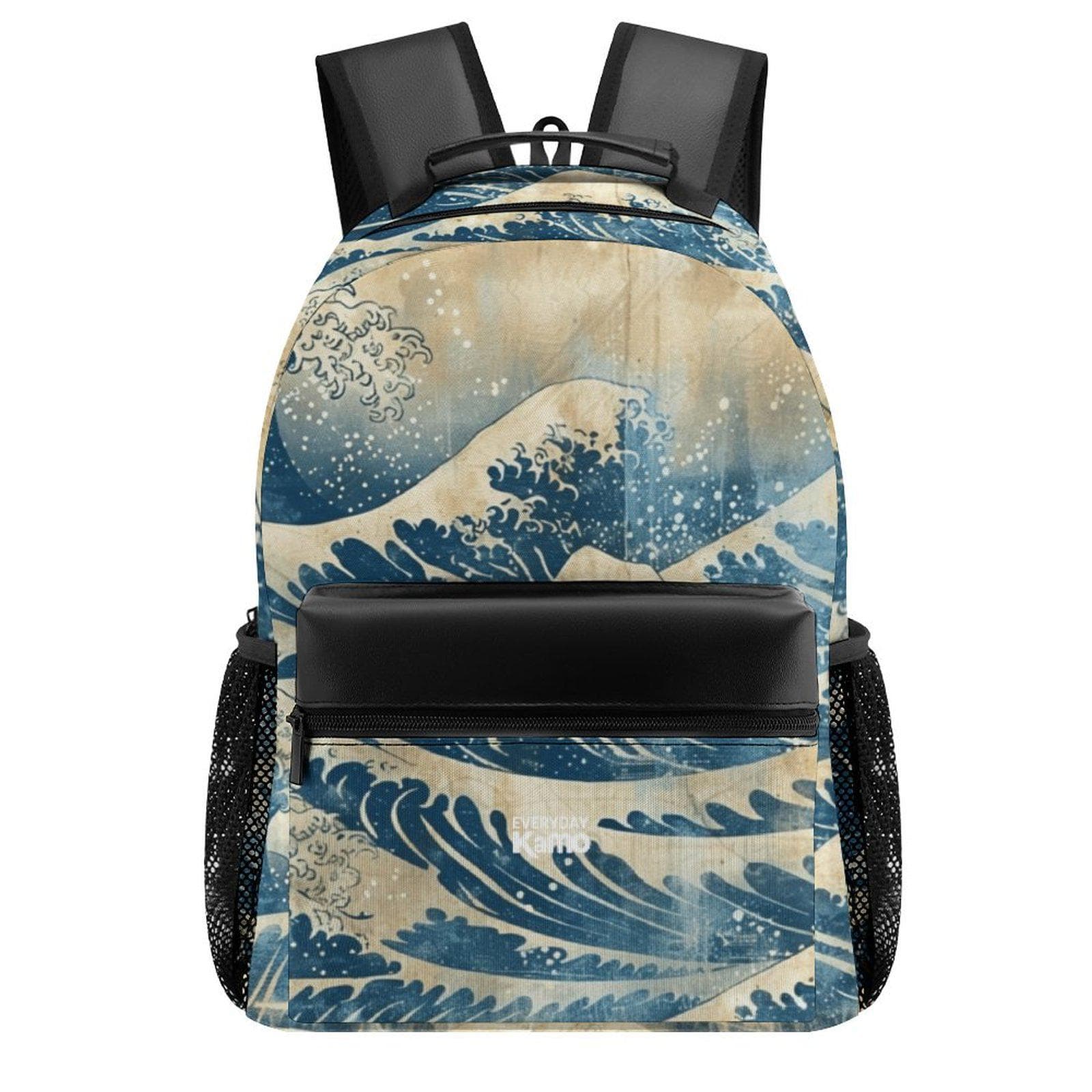 The Great Wave Adventure Backpack | Everyday Kamo Japanese Art Travel Bag | Durable Polyester & Leather