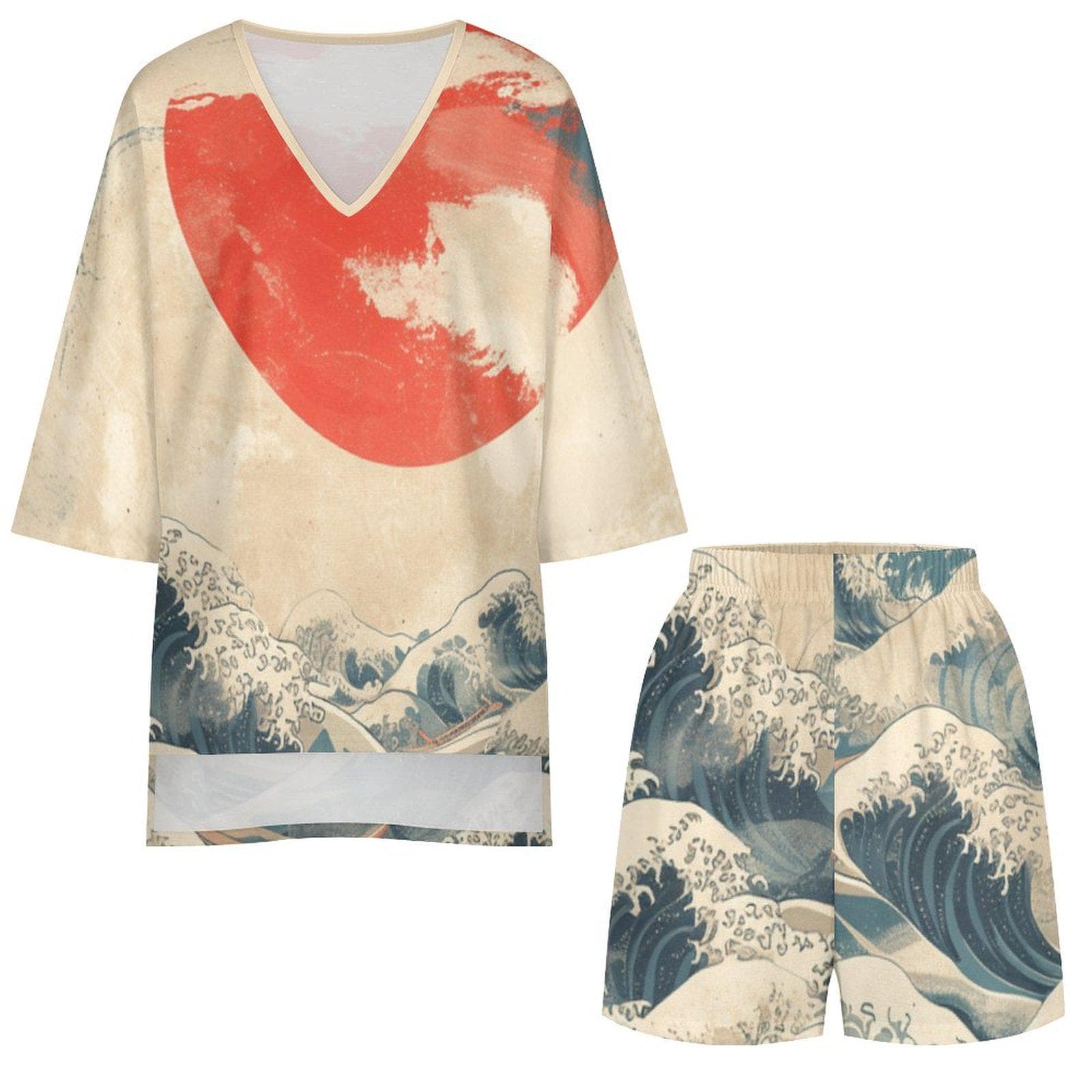 Mediterranean Style V-Neck Suit | Slub Linen Art Wave Print Shorts Set | Batwing Sleeve Resort Wear