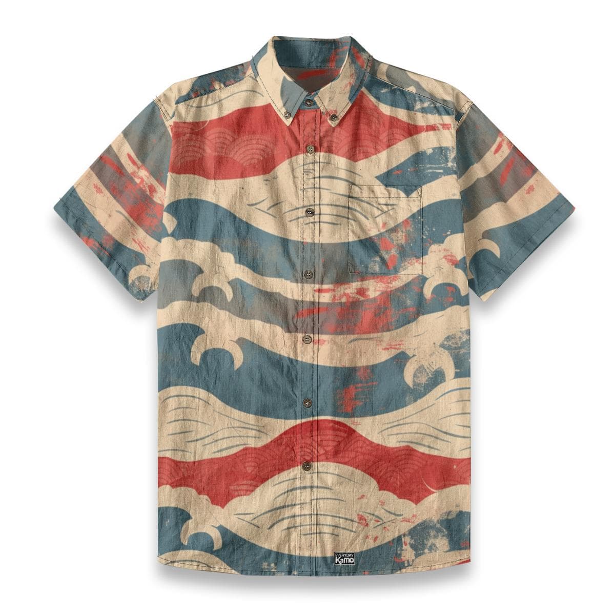 Men's Distressed Wave Print Shirt | Vintage Nautical Slub Cotton
