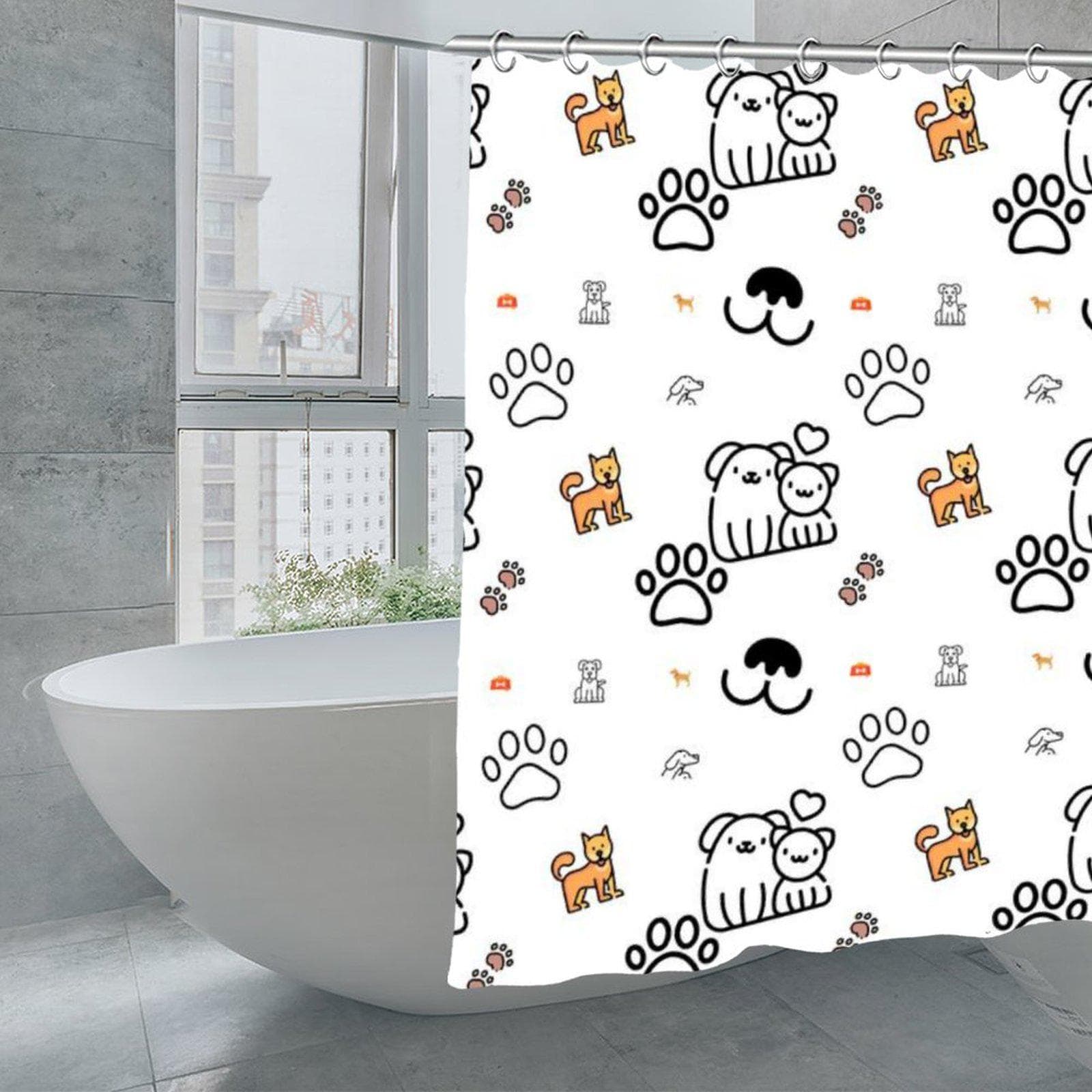 Dog Cat Paw Print Shower Curtain - Waterproof Polyester Kawaii Bathroom Decor