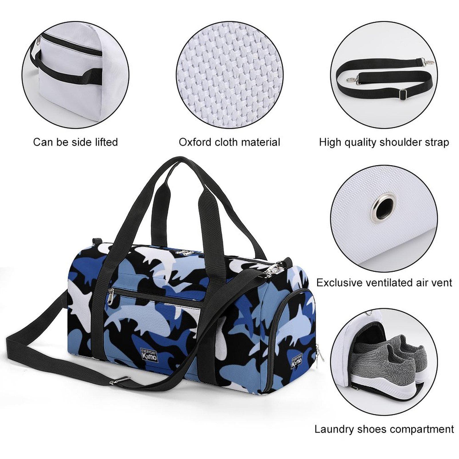 Everyday Kamo Shark Camo Duffle Bag | Waterproof Gym Travel Sports Weekend Bag | Blue Ocean Print