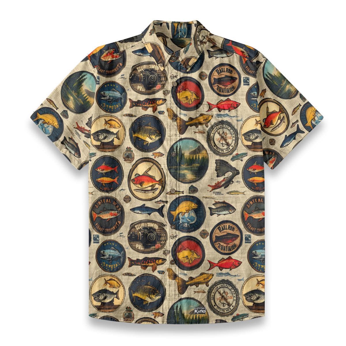 Vintage Fishing Print Slub Cotton Shirt | Hawaiian Outdoorsman Top