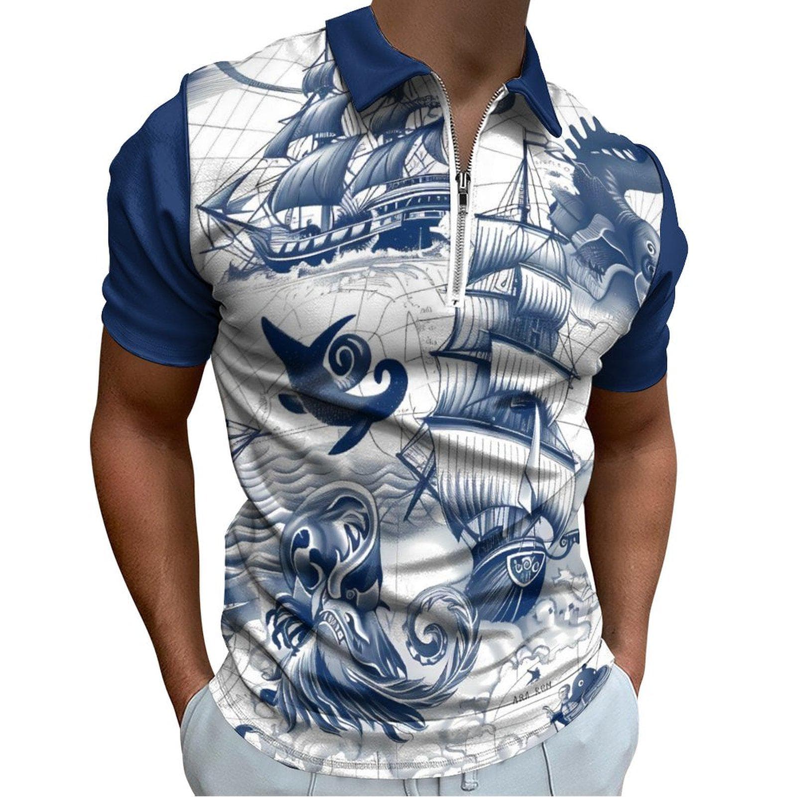 Men's Nautical Kraken Polo | Blue Ship Print Zip Shirt