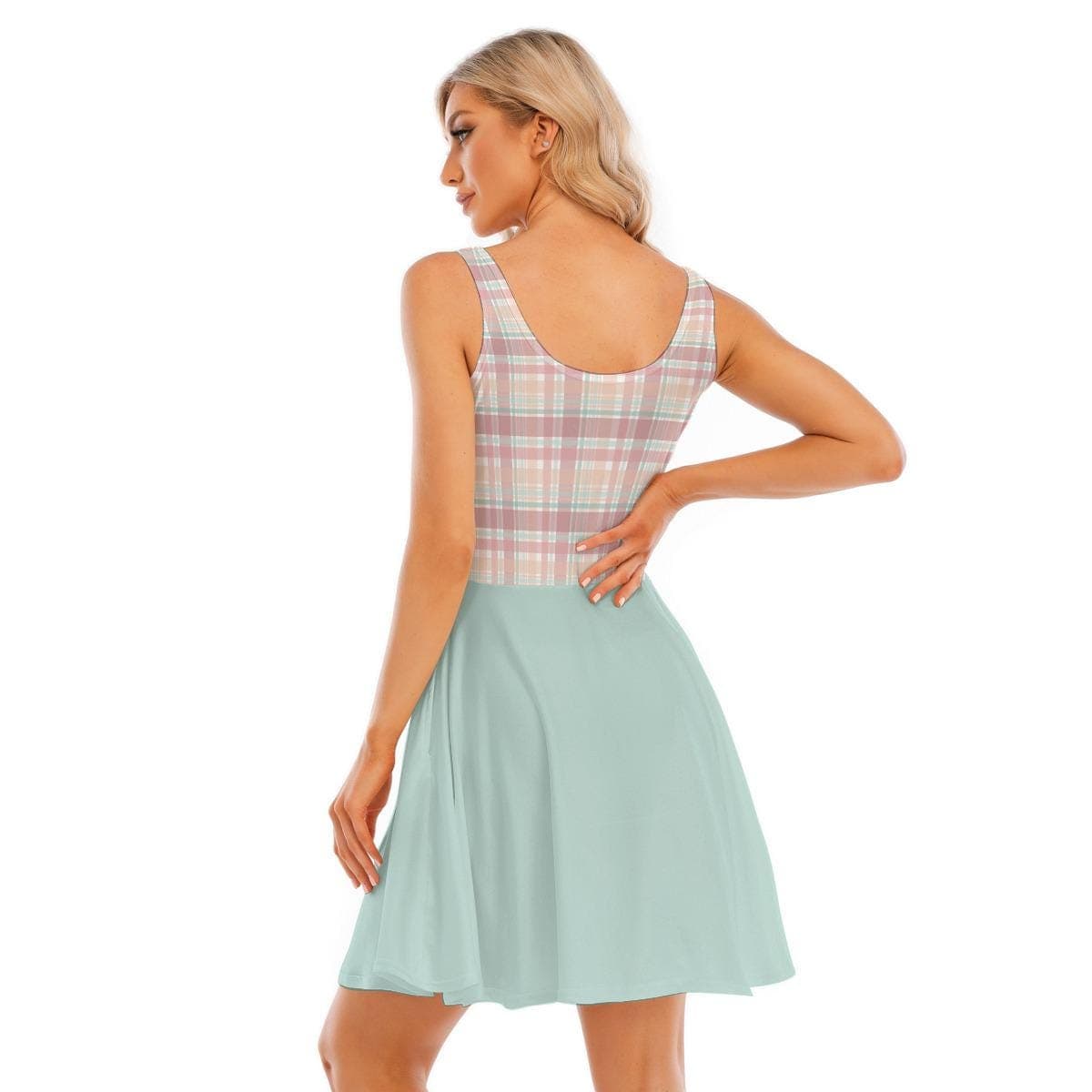 Charming Plaid & Pastel Skater Dress | Everyday Kamo Wide Strap Scoop Neck