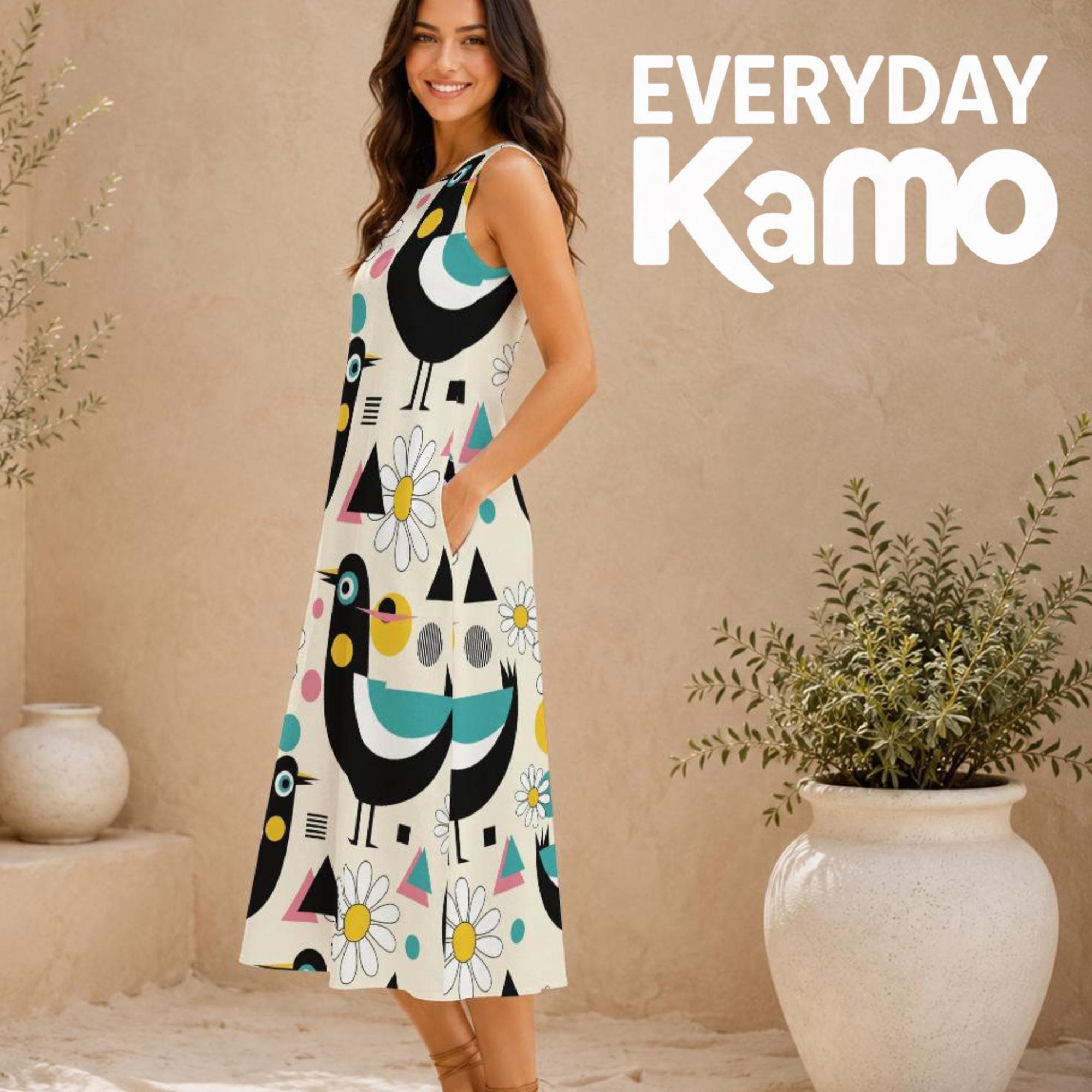 Cotton Slub Bird Daisy Print A-Line Midi Dress | Sleeveless Summer Beach Dress