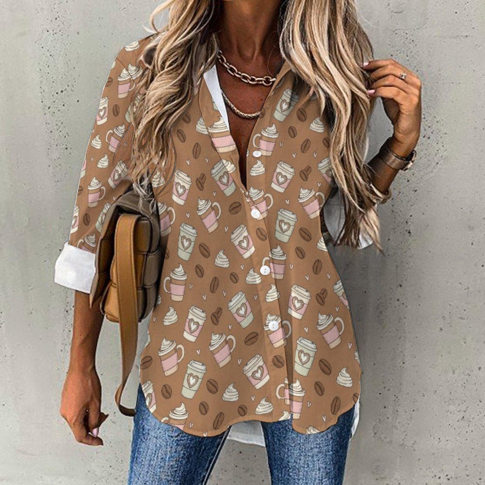 Coffee Lover Asymmetrical Hem Shirt | Women's Unique Coffee Bean & Latte Print Blouse | Casual Button-Up Top