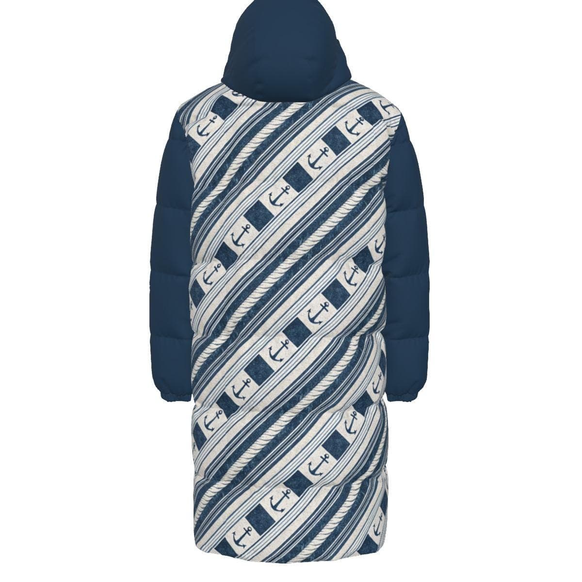 Nautical Anchor Print Long Puffer Jacket - Windproof Down Coat for Cold Weather Adventures