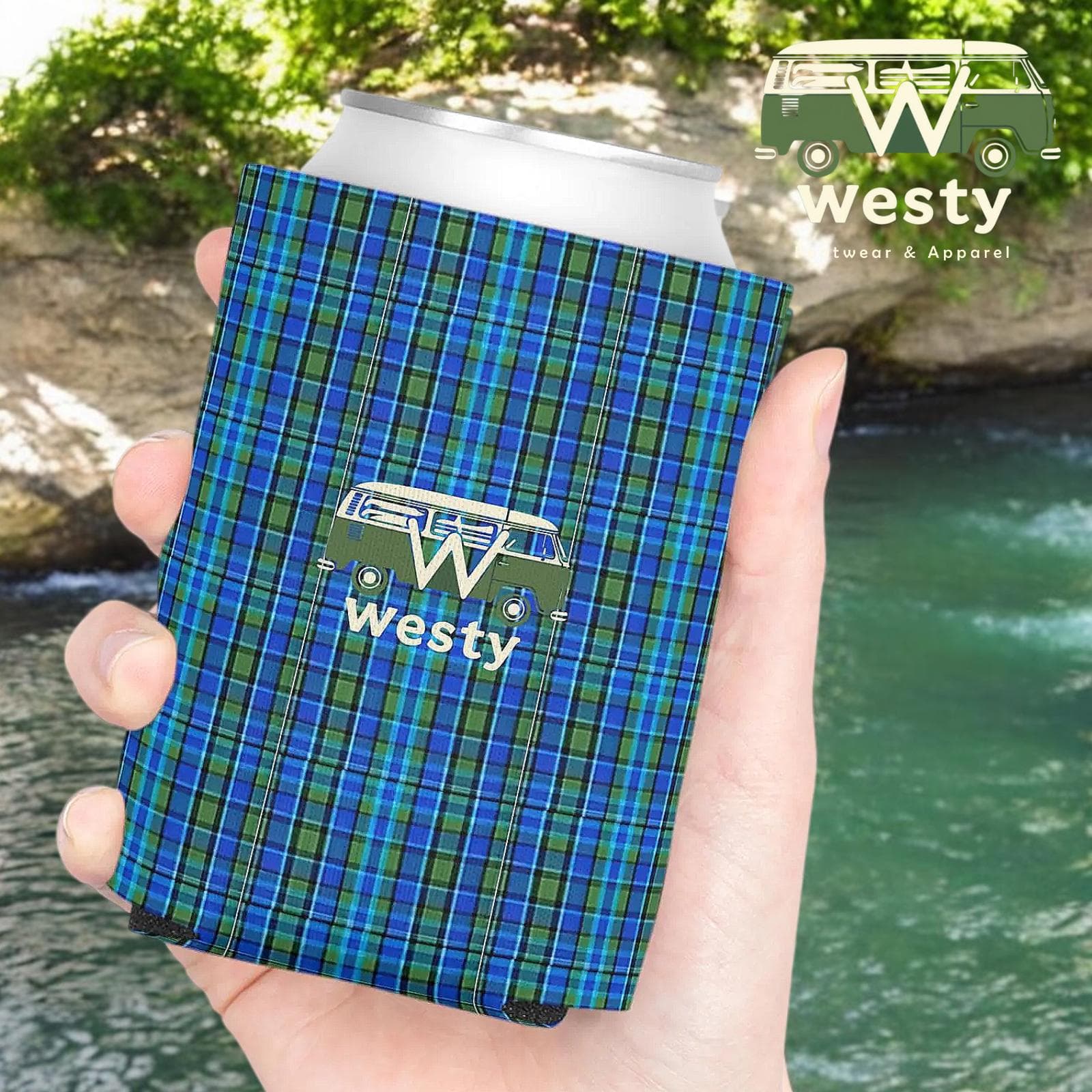 Westy Blue Plaid Can Cooler - Retro Westfalia Camper Bus Design
