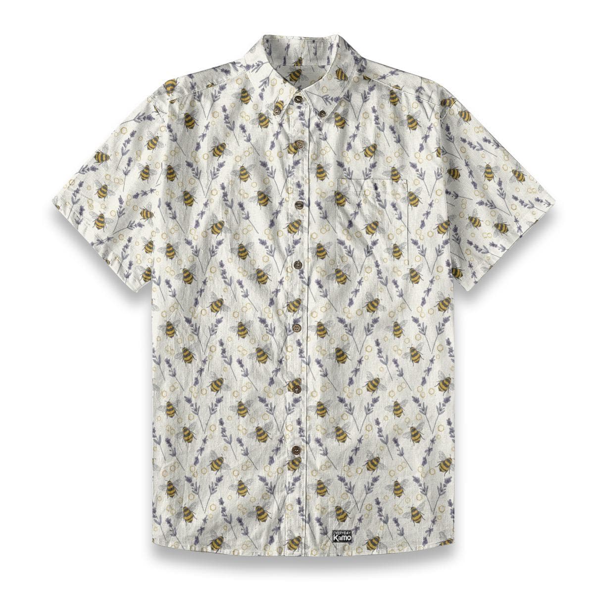 Whimsical Bee & Lavender Slub Cotton Shirt | Nature Print Button-Up | Breathable Summer Top