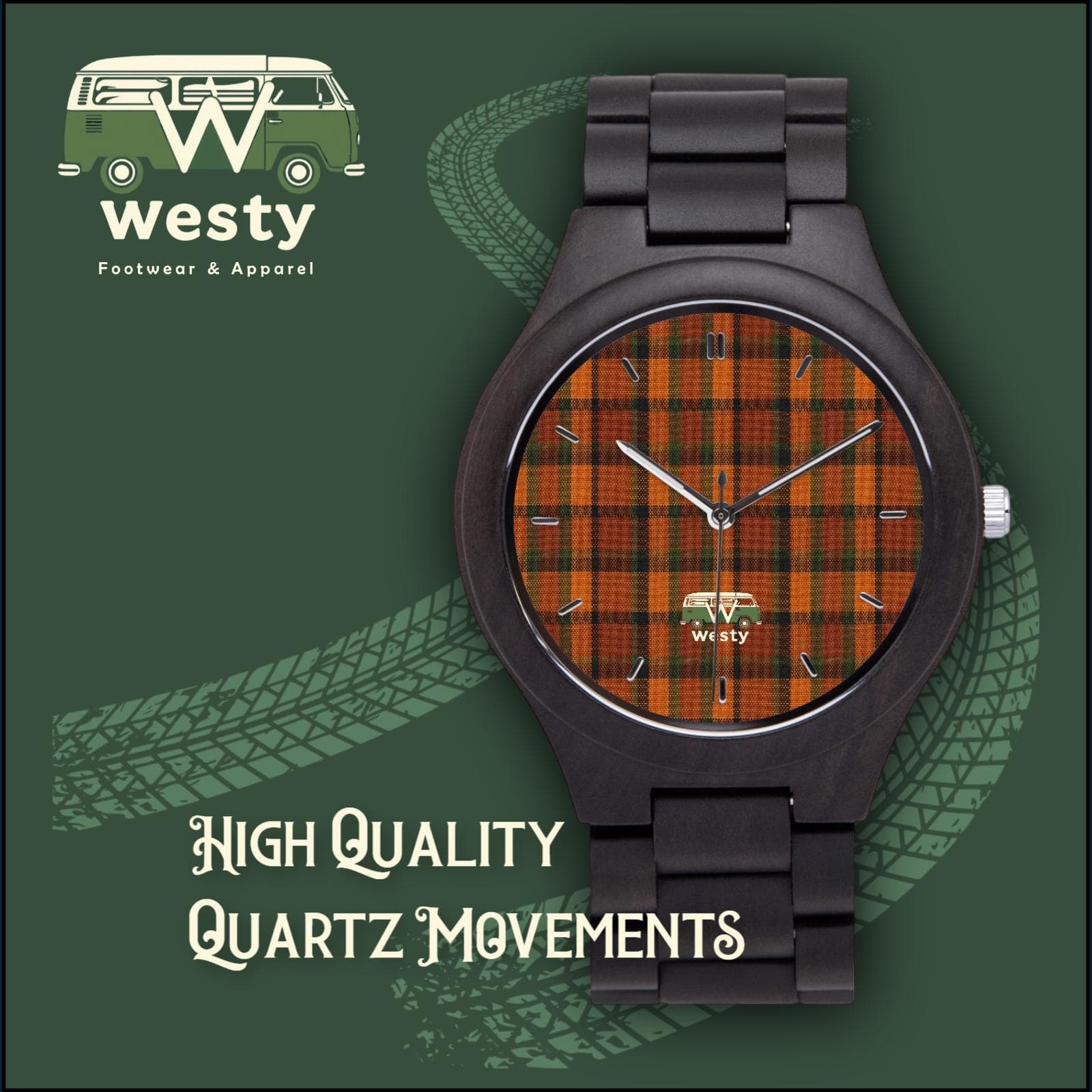 Westy Orange Plaid Wooden Watch | Italian Olive Wood | Van Life Heritage Timepiece | Japanese Citizen Movement | Road Trip Gift