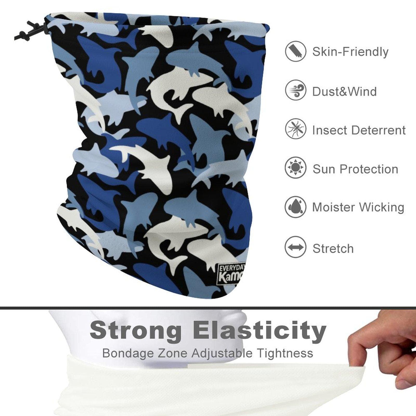 Blue Shark Camo Neck Gaiter | Adjustable Face Mask, Headwear