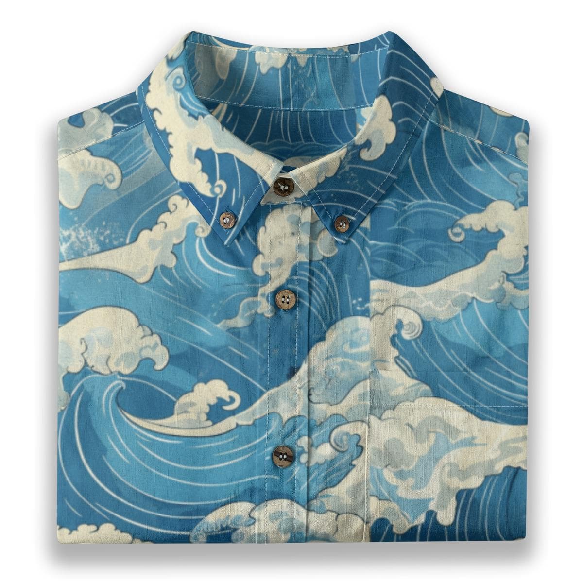 Men's Japanese Wave Print Shirt | Slub Cotton Button-Down