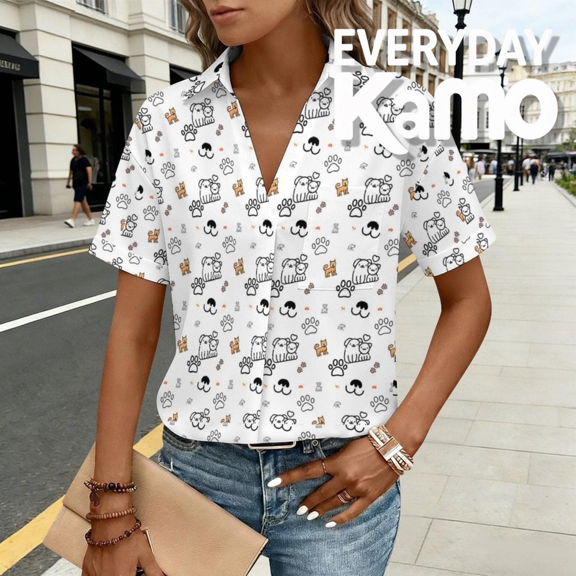 Women's Dog Paw Print Lapel Collar Shirt | Custom All-Over Print | 4-Way Stretch