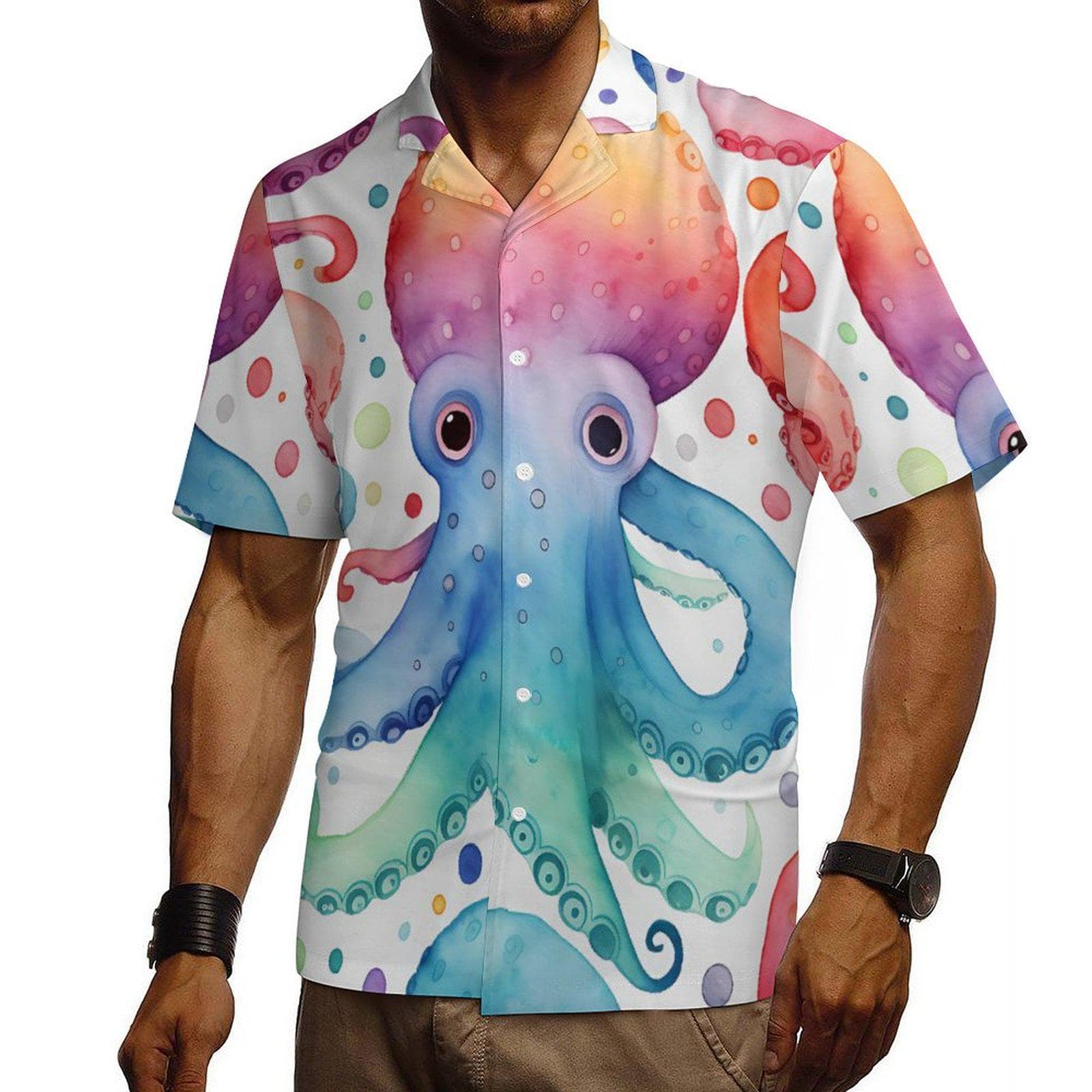 Vibrant Watercolor Octopus Men's Hawaiian Shirt | Unique Cuban Collar Aloha Summer Top