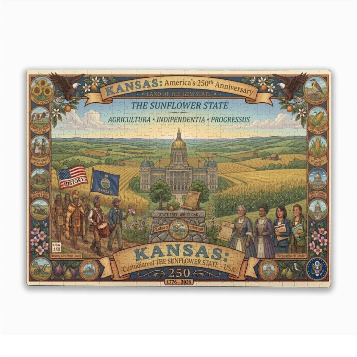 Kansas 250th Anniversary Puzzle 1000 Piece | Sunflower State Historical Jigsaw Gift