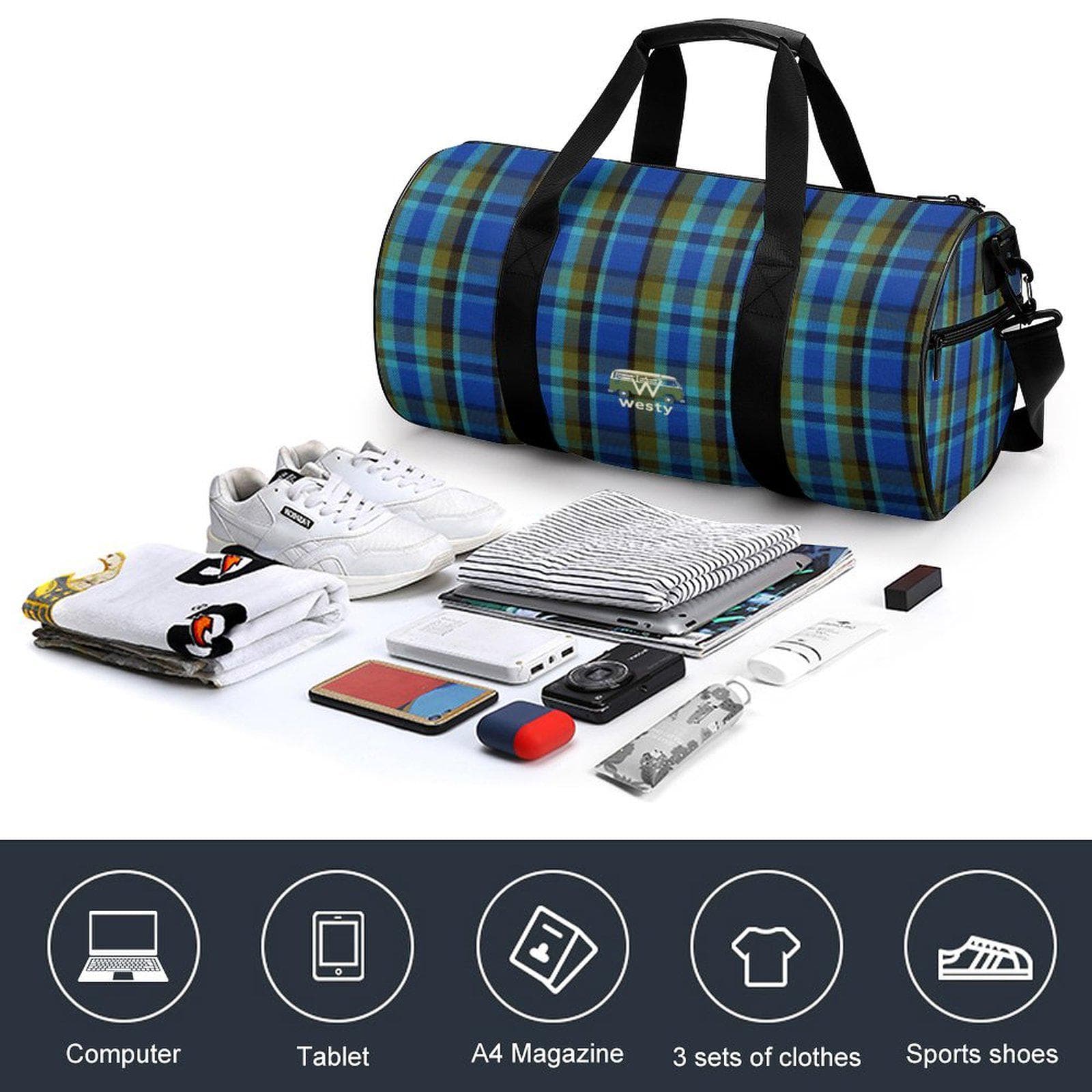 Westy Westfalia Blue Plaid Cylindrical Gym Travel Bag Oxford