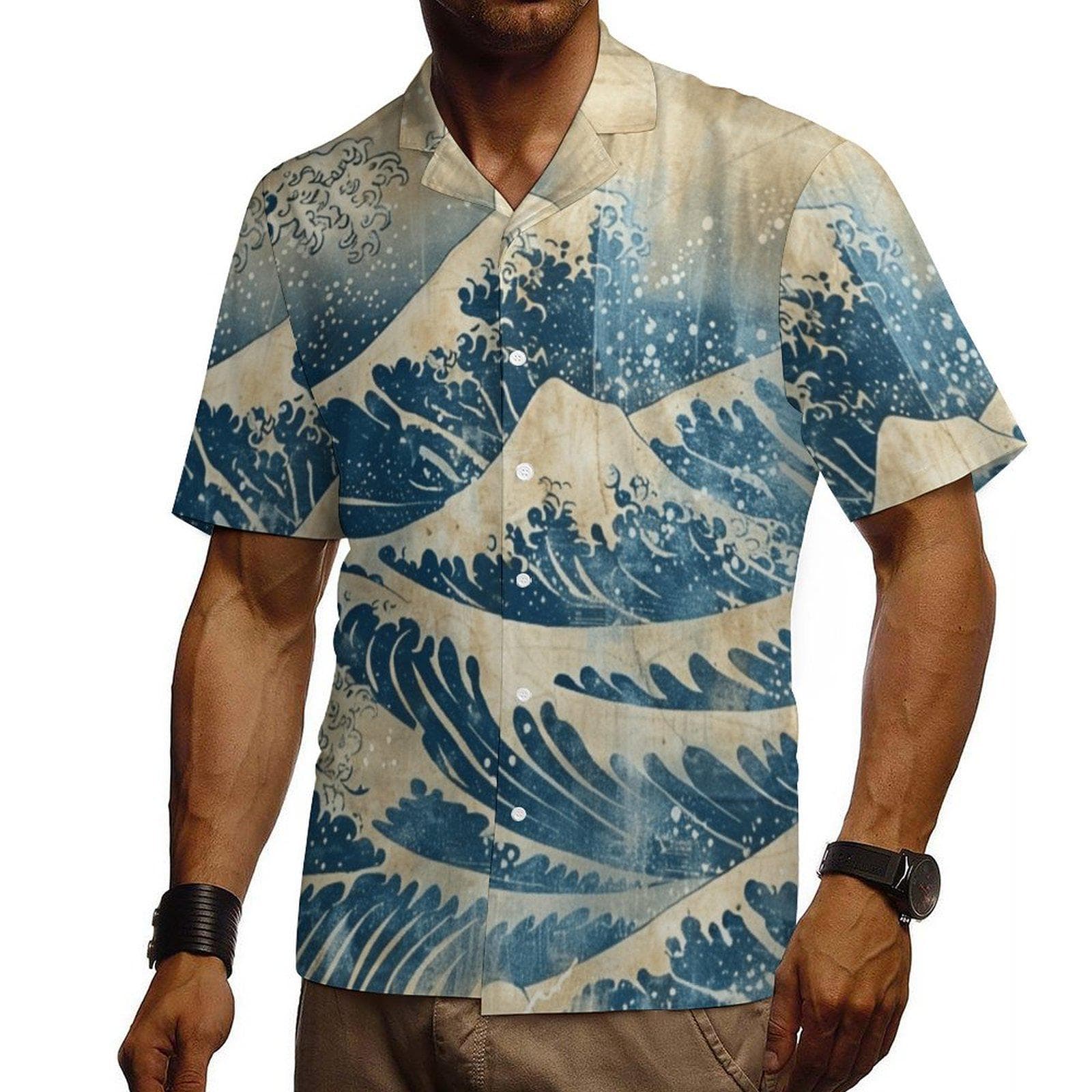 Japanese Great Wave Cuban Collar Shirt - Men's Cotton Short Sleeve Hokusai Art Print Button Up - Hawaiian Style Summer Beach Top