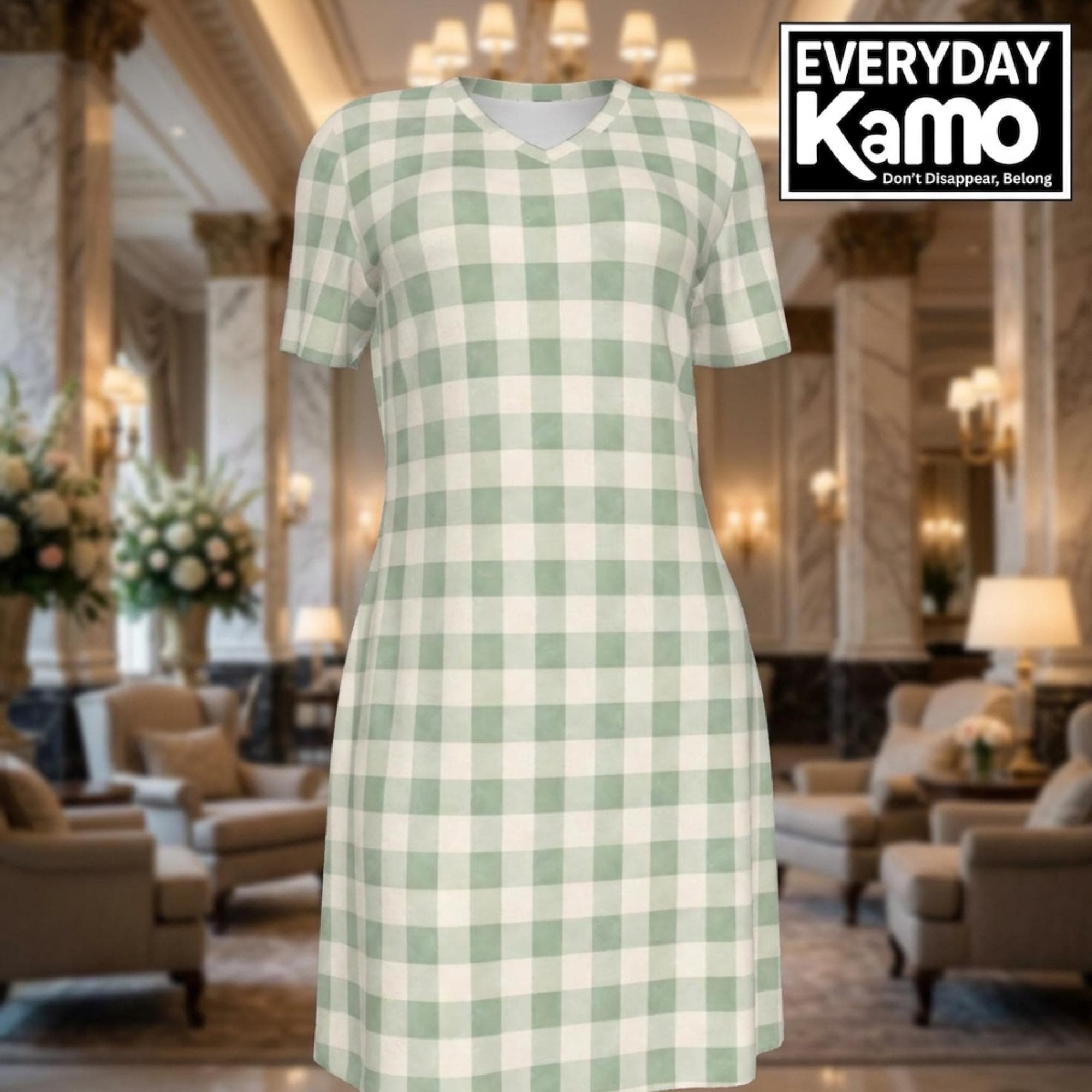 Green Gingham V-Neck Cotton Dress | Handmade Summer Mini | Breathable Eco-Friendly