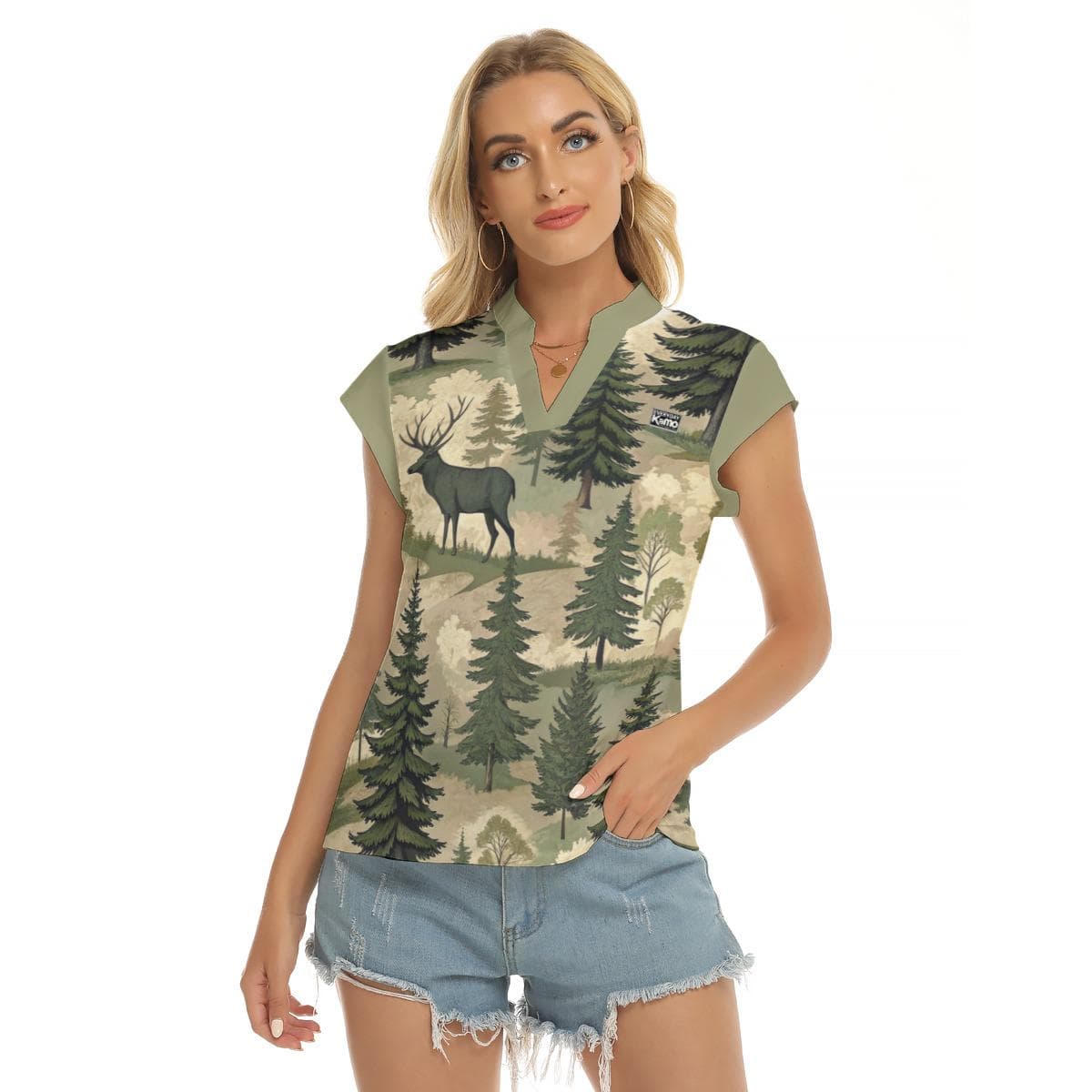 Majestic Deer Forest V-Neck Top - Everyday Kamo Eclectic Nature Print Shirt
