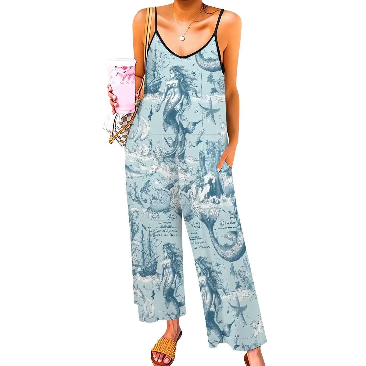 Mermaid Print Jumpsuit Light Blue Palazzo Romper Suspender Beach Outfit