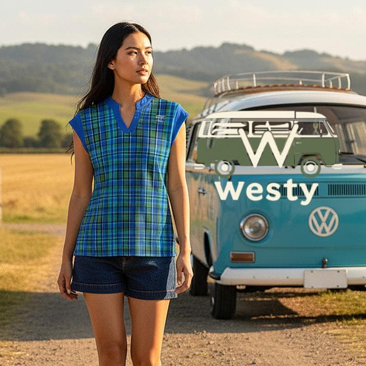 Westy Camper V-Neck Top, Plaid Adventure Shirt