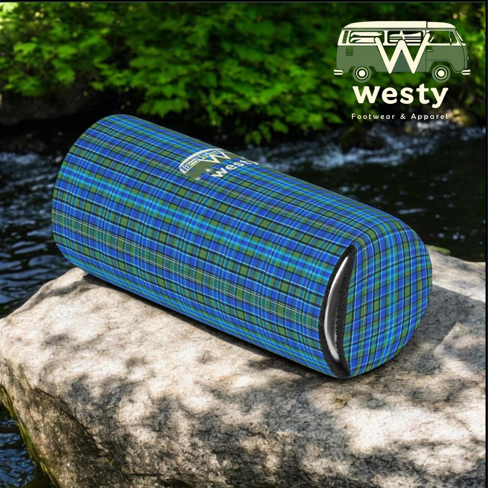 Westy Blue Plaid Can Cooler - Retro Westfalia Camper Bus Design