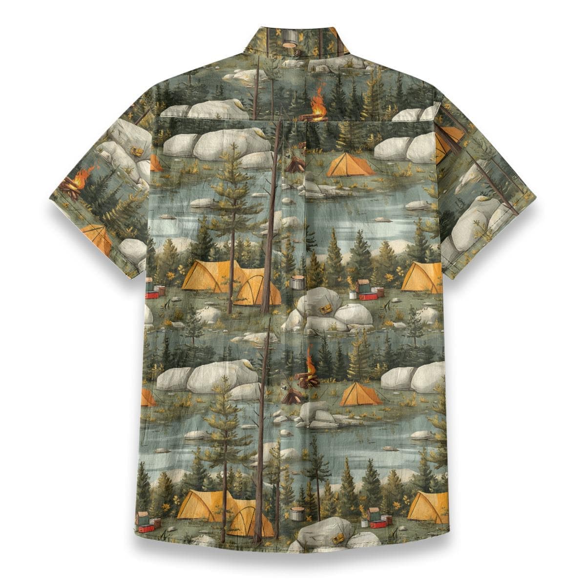 Men's Camping Scene Button Down Shirt | Slub Cotton Short Sleeve Top