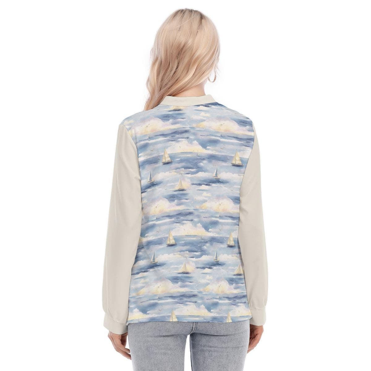 Sailboat Print Henley Top | Nautical Long Sleeve Blouse