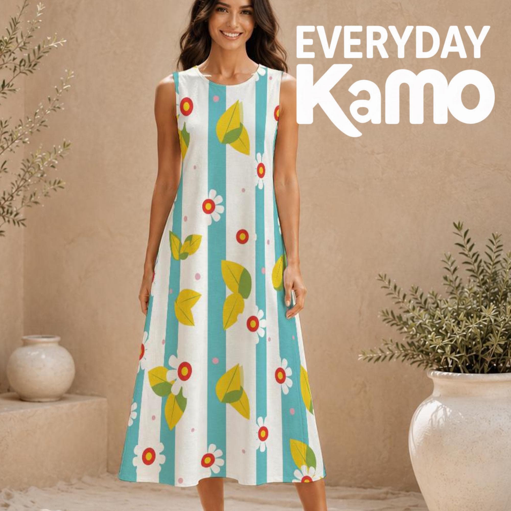 Sleeveless Floral Stripe Cotton Slub Midi Dress, Summer Beach Vacation Relaxed A-Line Sundress, Women's Elegant Lightweight Casual
